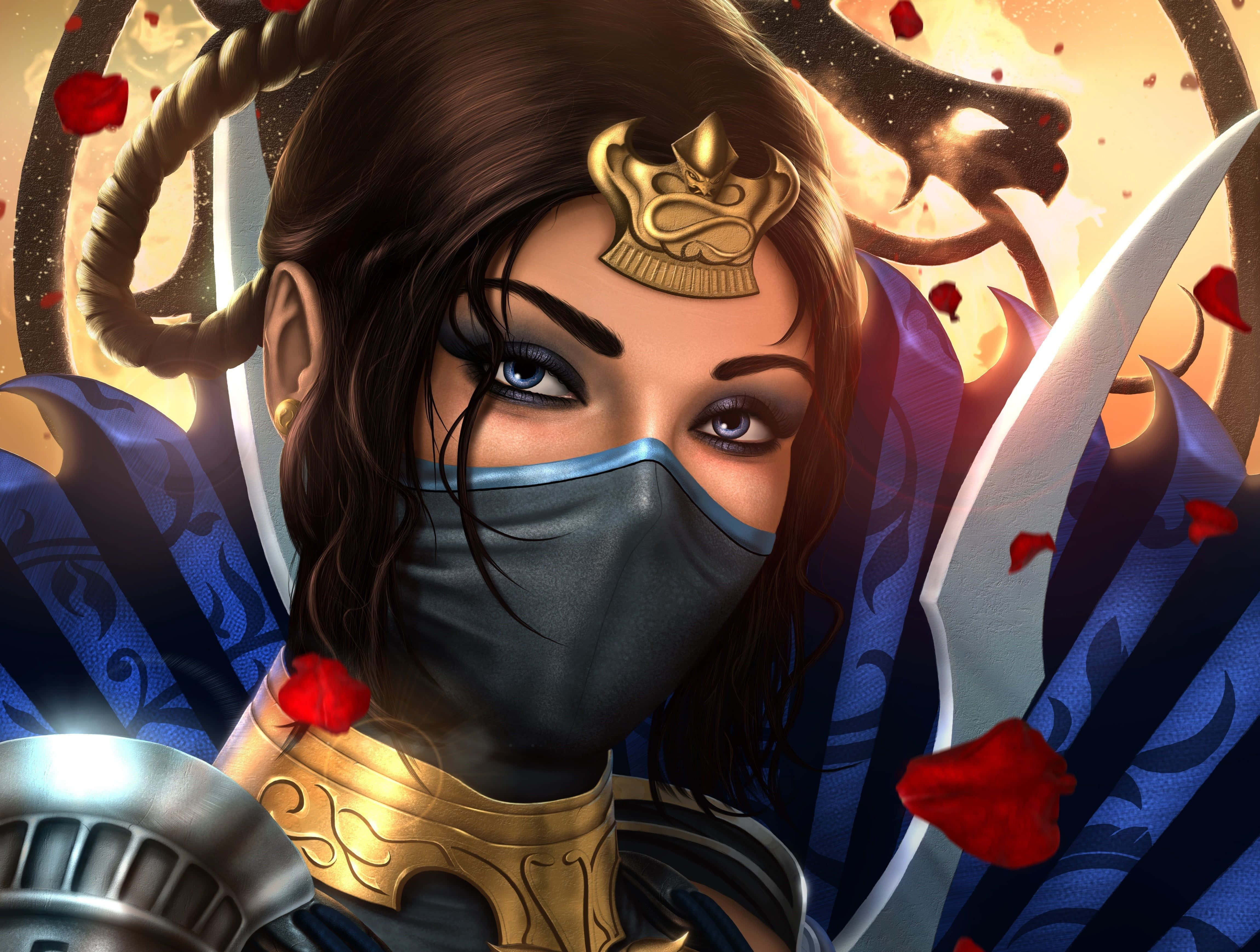 Mortal Kombat Characters 桌布 壁紙 — 一位凶猛的面具戰士，藍色眼睛，金色皇冠，在飄落的紅色花瓣和龍紋圖案中手持一把劍。