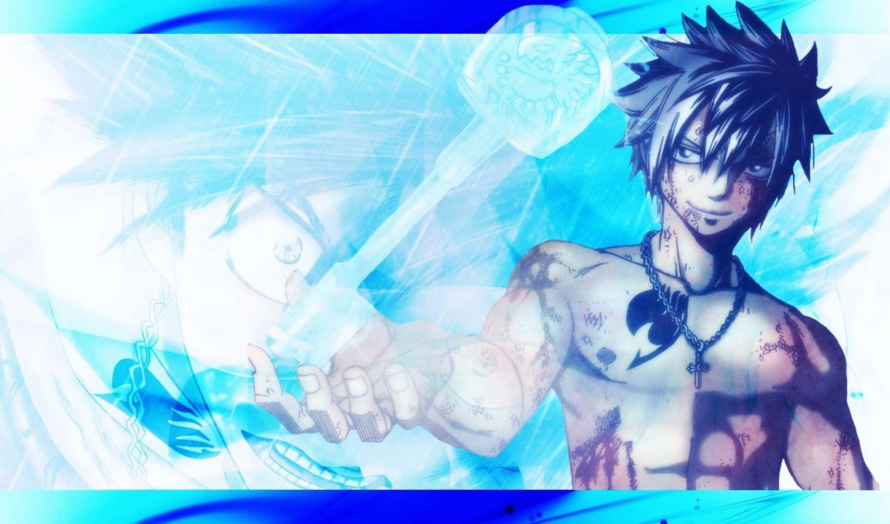 Gray Fullbuster 桌布 壁紙 — 一位刺蝟頭、有紋身的動漫戰士，在旋轉的能量背景下揮舞著一把發光的藍色劍。