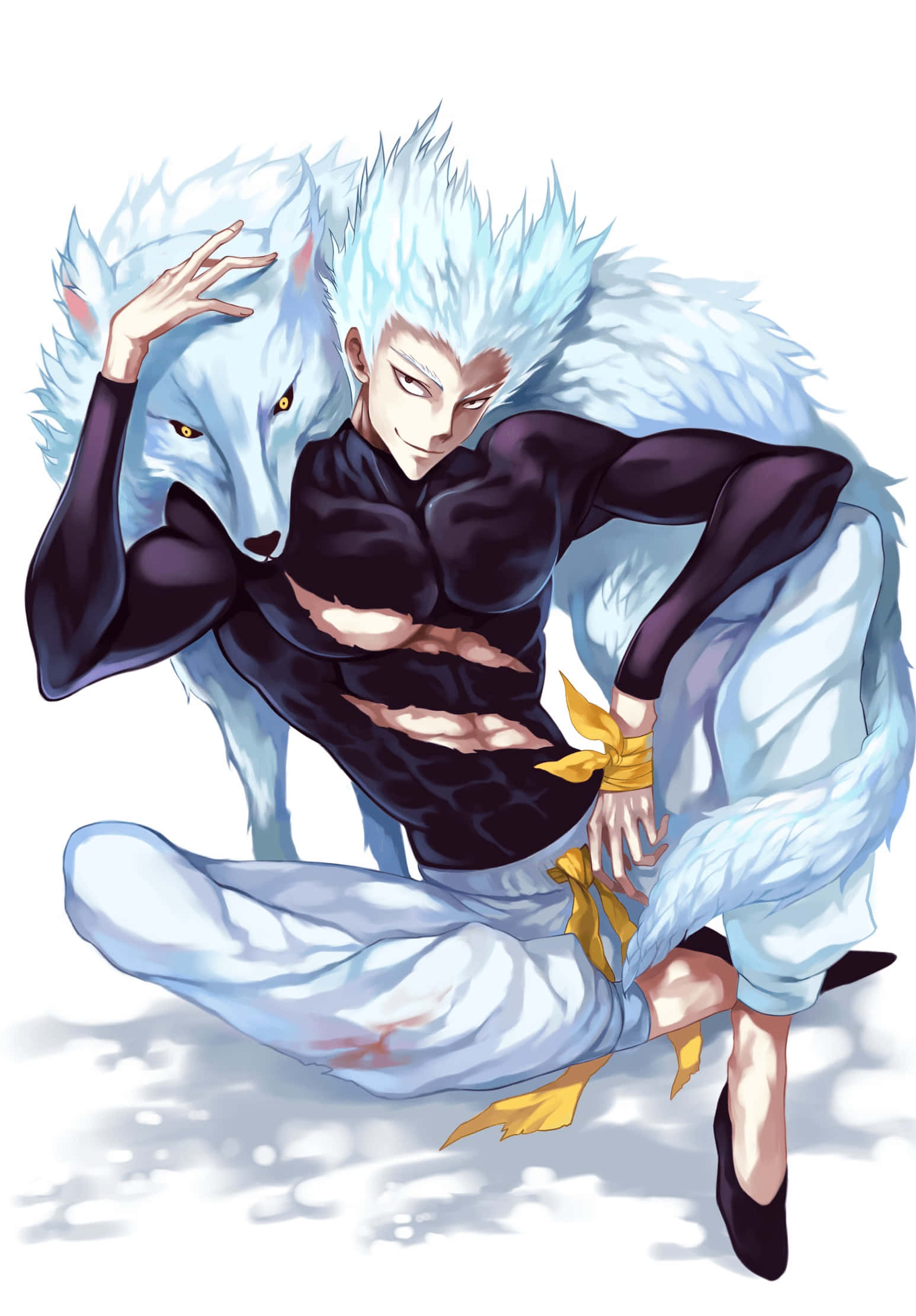 Garou 桌布 壁紙 — 一位刺蝟頭動漫戰士與一隻白狼同伴自信地擺出動態坐姿。