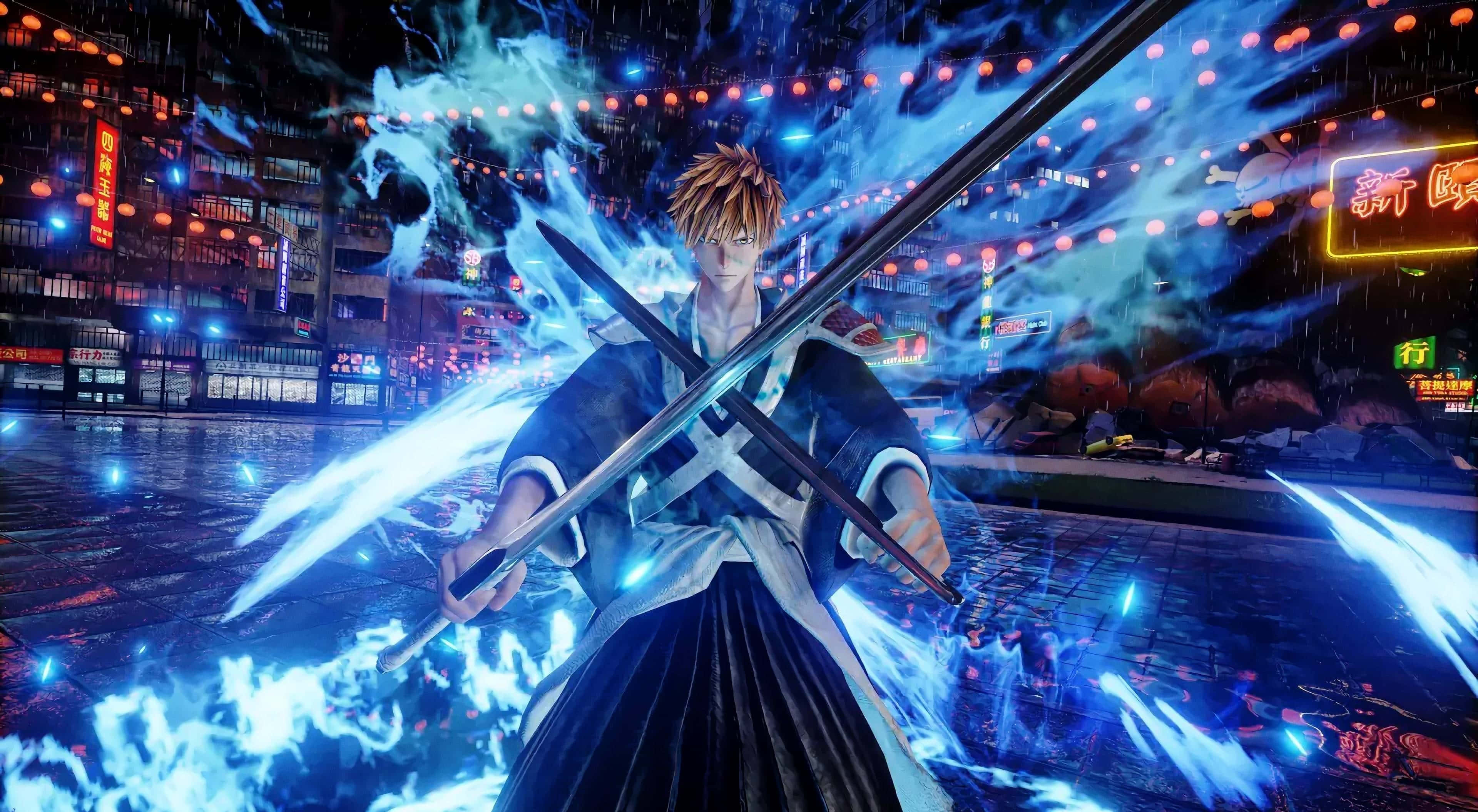 Ichigo 4K 桌布 壁紙 — 一位刺蝟頭的動漫戰士在霓虹燈閃爍的雨夜城市場景中，揮舞著發光的劍，周圍環繞著電藍色能量。