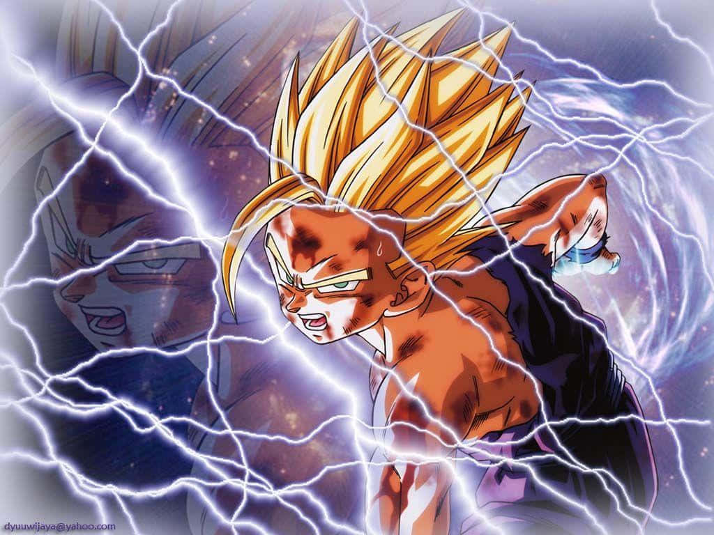 Mystic Gohan 桌布 壁紙 — 一位刺蝟頭髮的動漫戰士在宇宙背景前散發出強烈的閃電能量，身後有一個幽靈般的面孔。