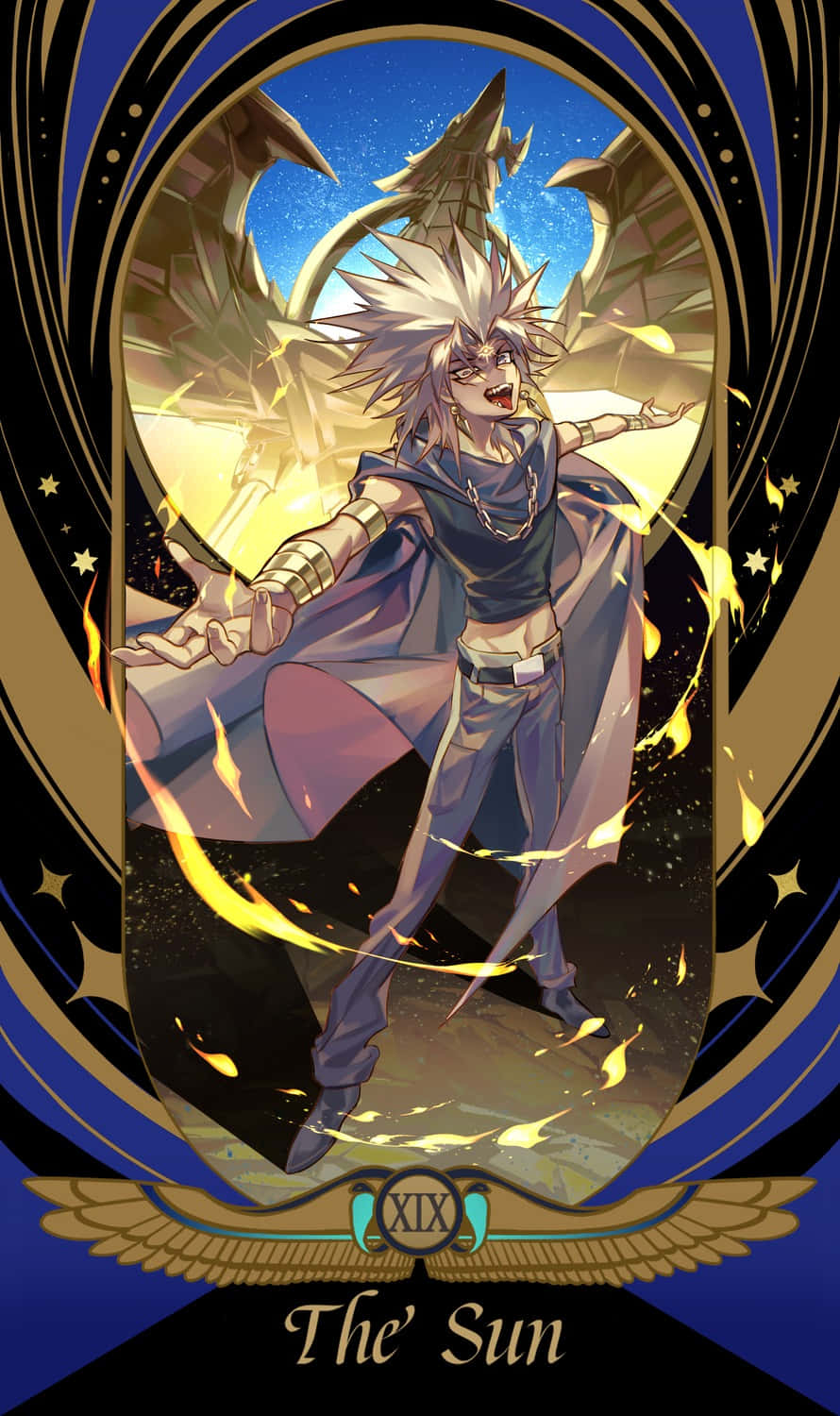Marik Ishtar 桌布 壁紙 — 一位刺蝟頭髮的動漫戰士身穿黑色長袍，在星空背景下釋放金色火焰，框架由華麗的藍色和金色邊框構成。