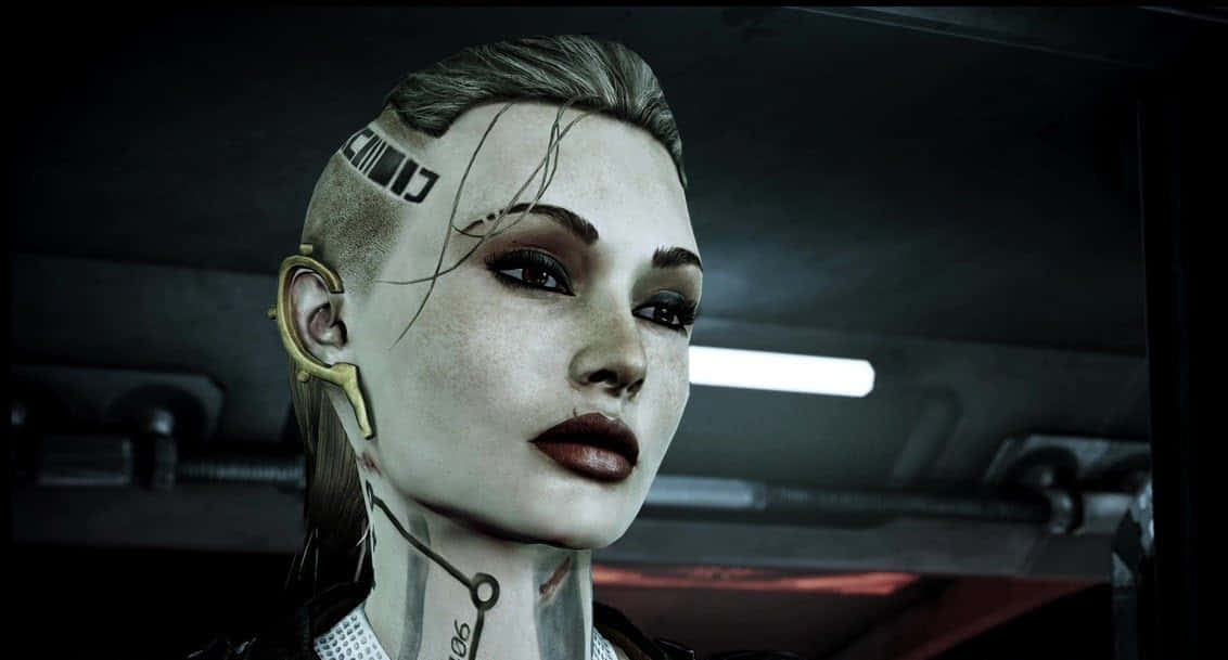 Mass Effect Jack 桌布 壁紙 — 一位剃光頭、帶有發光植入物的賽博格女性在昏暗的未來走廊中凝視著。
