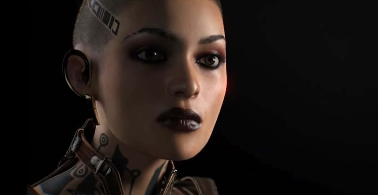 Mass Effect Jack 桌布 壁紙 — 一位剃光頭、有紋身和深色妝容的賽博龐克女性，在黑色背景下強烈凝視。