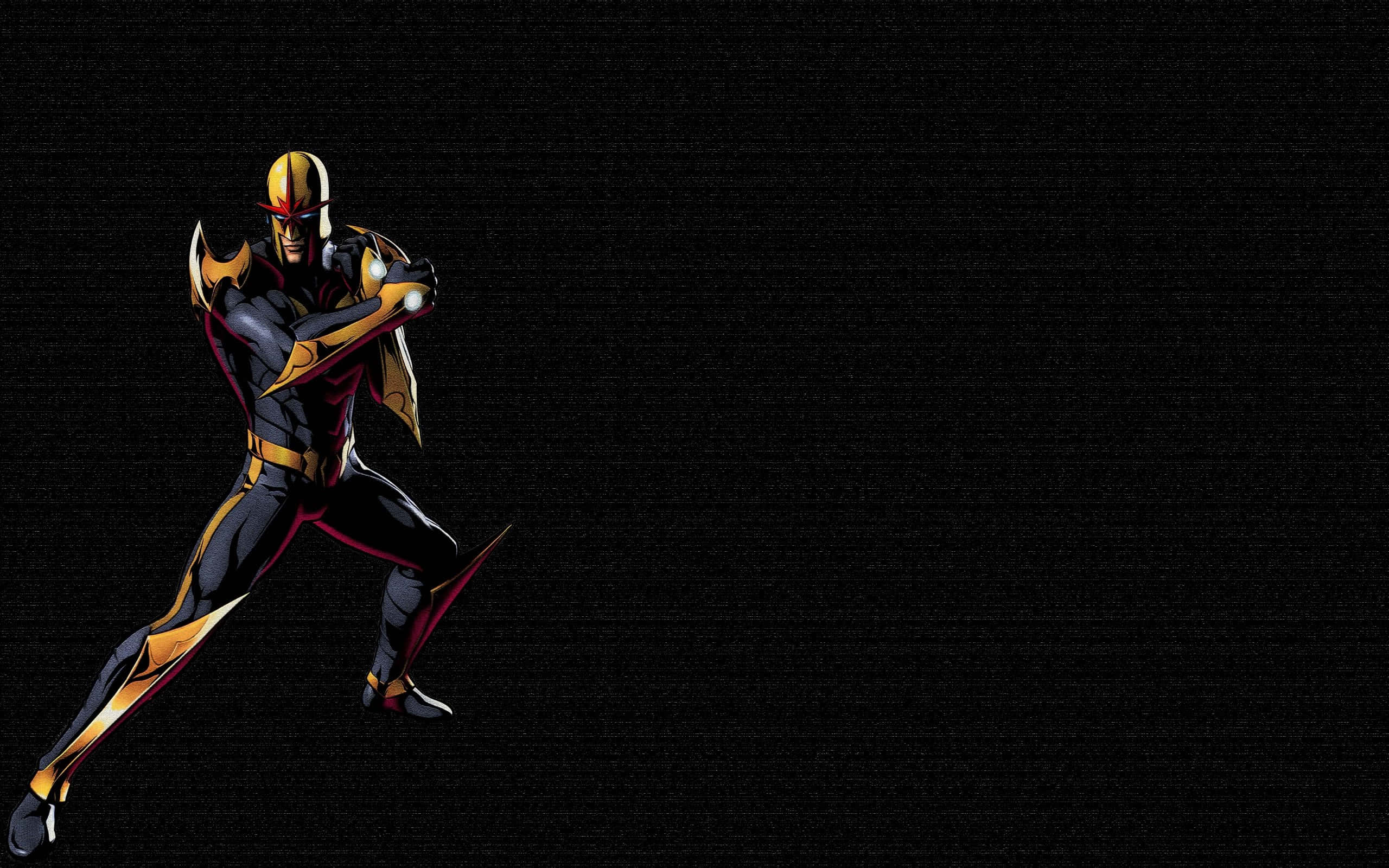 Nova Corps 桌布 壁紙 — 一位動感十足的超级英雄，身穿黑、金、紅三色戰衣，在紋理黑色背景前擺出強而有力的姿勢。