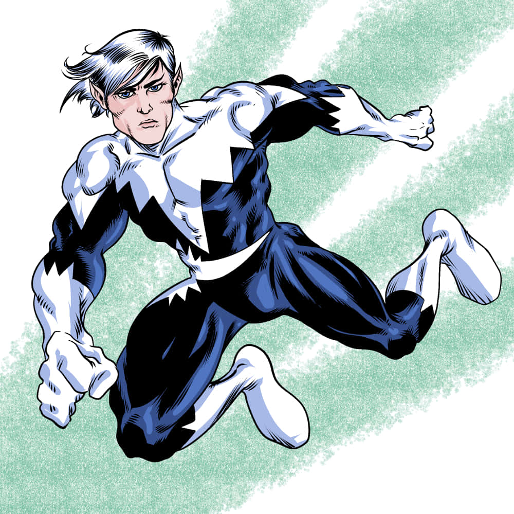 Alpha Flight 桌布 壁紙 — 一位動感漫畫超級英雄，白髮，身穿黑白戰衣，在帶有紋理的綠色背景前向前跳躍。