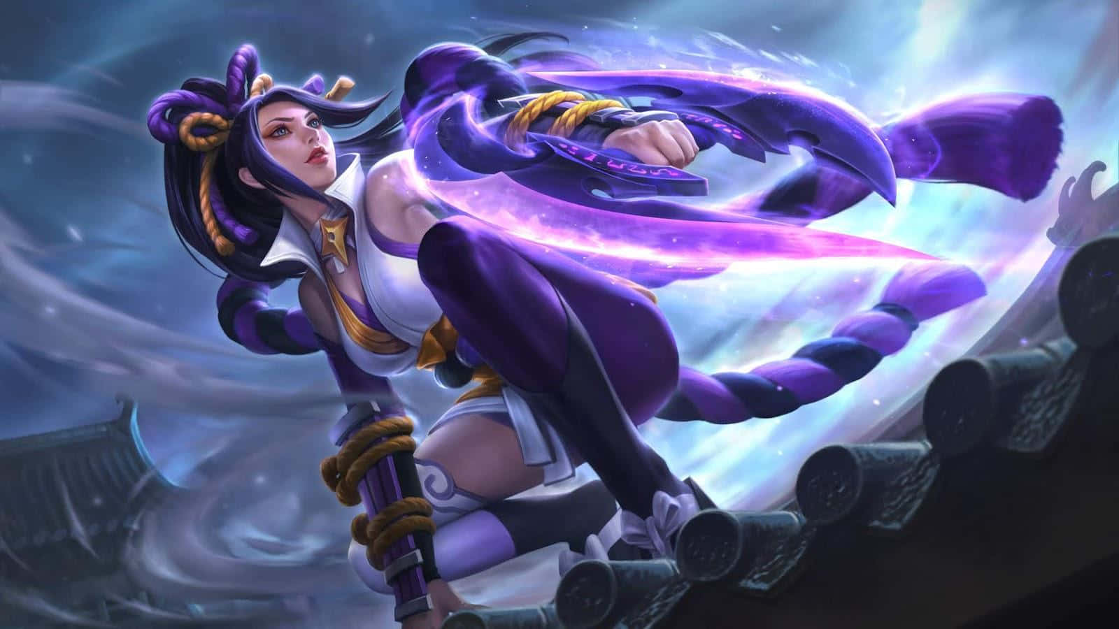 Mobile Legend 桌布 壁紙 — 一位動態動漫戰士，紫色頭髮和飄逸長袍，在旋轉暴風雨的天空下跳過屋頂。