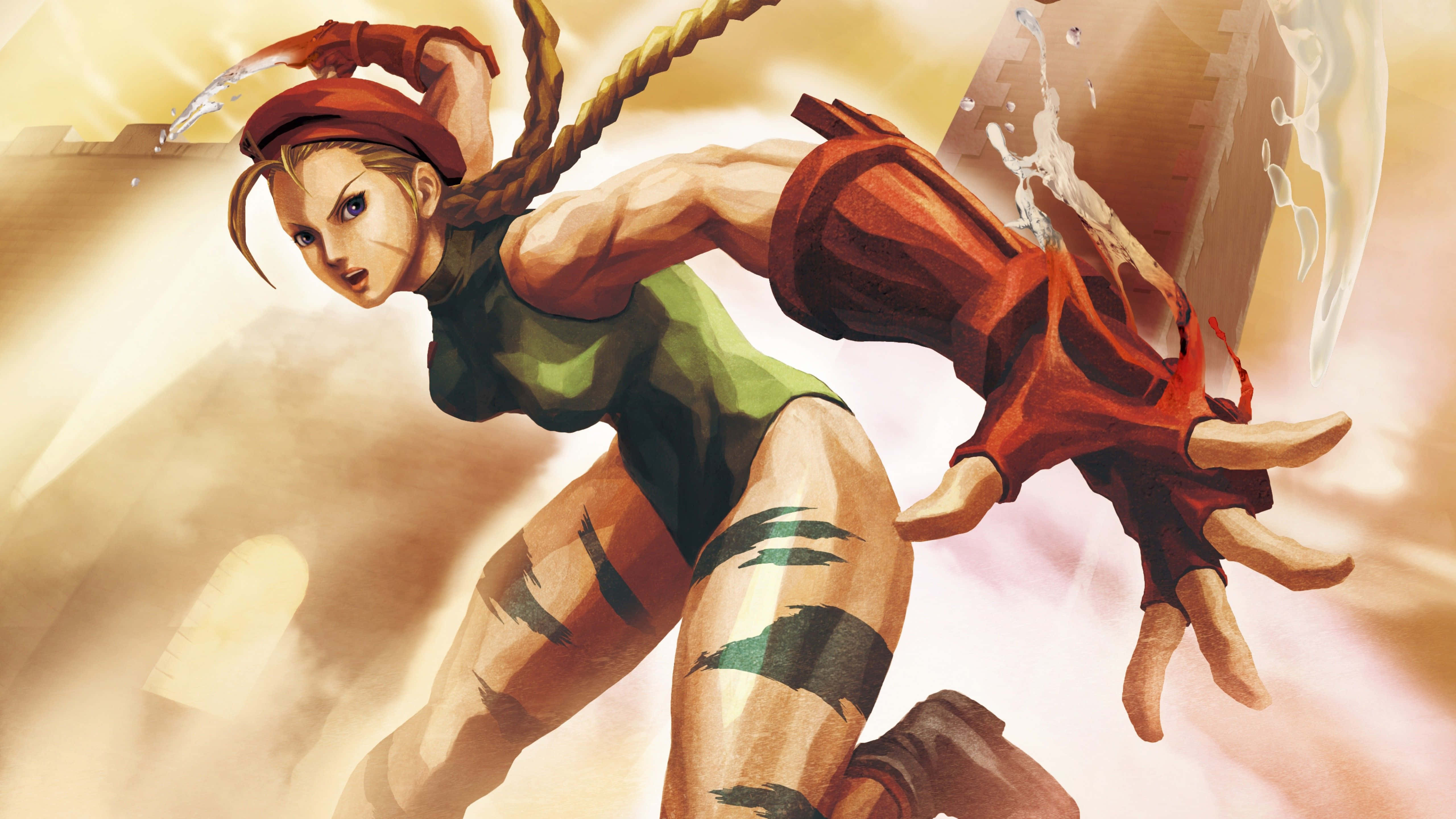 Street Fighter Characters 桌布 壁紙 — 一位動態的動漫戰士，編織頭髮，身穿綠色服裝，在發光背景前以強勁的武術姿勢向前衝刺。