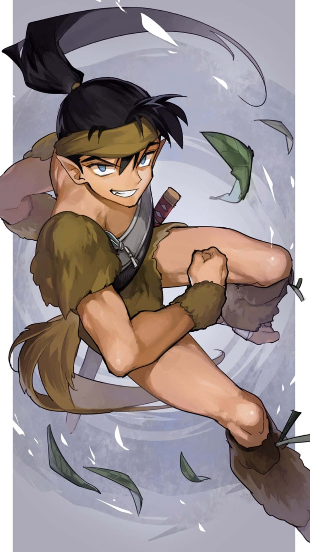 Inuyasha Koga 桌布 壁紙 — 一位動態的動漫戰士，黑髮藍眼，在旋轉的樹葉和彎曲的刀刃中躍過空中。