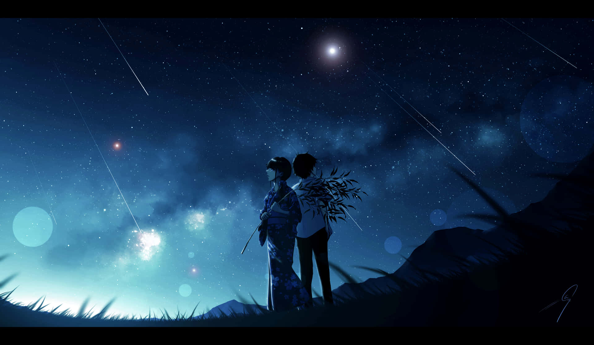 兩個穿著傳統服飾的人凝視著有流星的星空。