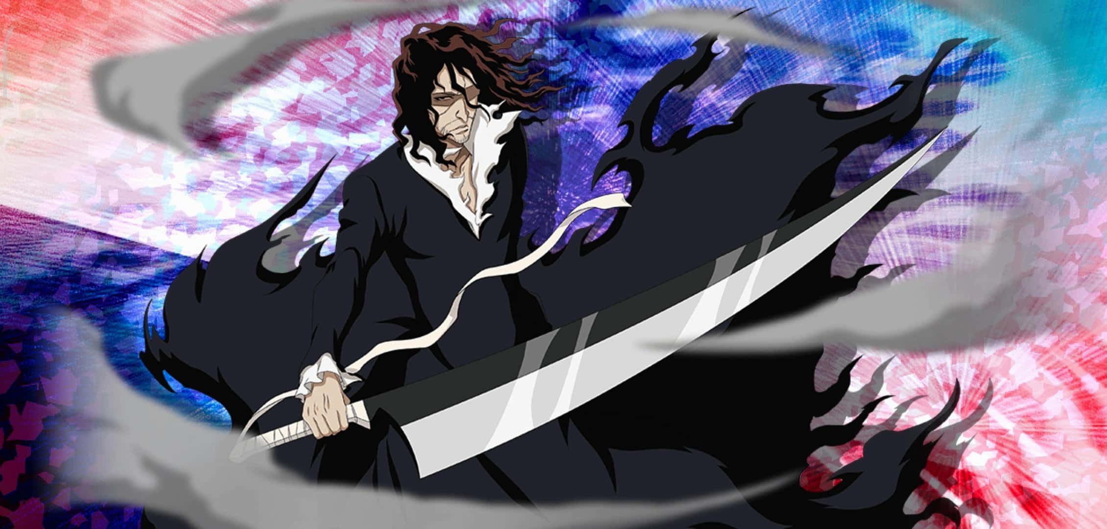 Zangetsu 桌布 壁紙 — 一位動漫戰士，頭髮狂野，揮舞著一把巨劍，背景是旋轉的紅色、藍色和紫色。