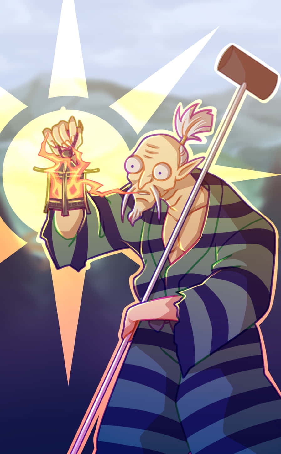 Totosai 桌布 壁紙 — 一位動漫風格的巫師，長鼻子，身穿條紋長袍，手持發光燈籠和錘子，背景是燦爛的太陽光芒。