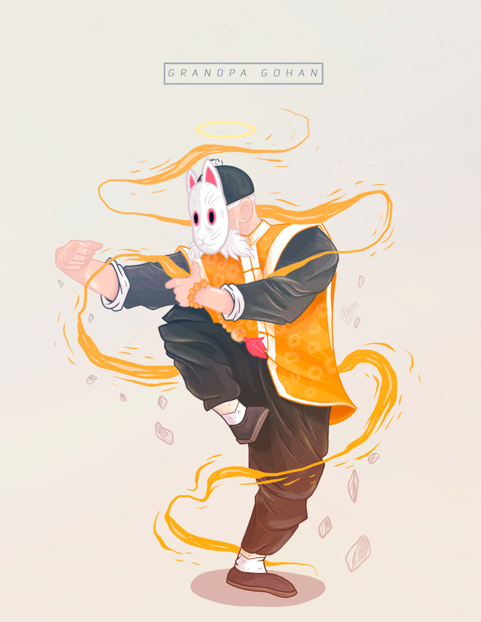 Grandpa Gohan 桌布 壁紙 — 一位動漫風格的爺爺，戴著白色狐狸面具和橙色背心，施展動態武術踢擊，伴隨著旋轉的金色能量。
