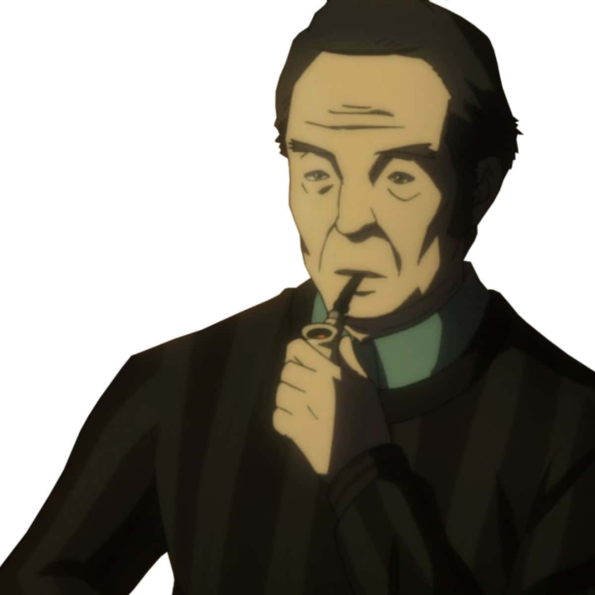 Toyohisa Senguji 桌布 壁紙 — 一位動漫風格的老人表情嚴肅，在純白背景前將煙斗放在唇邊。