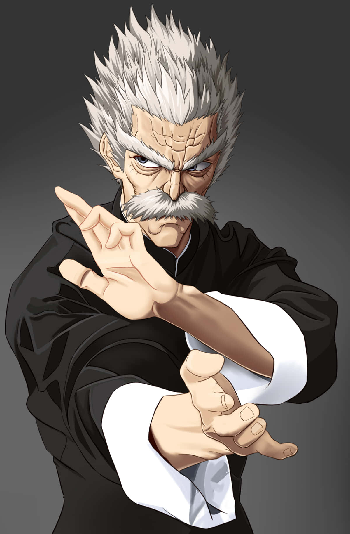 Silverfang 桌布 壁紙 — 一位動漫風格的老年武術家，有著尖刺的白髮和嚴肅的表情，在深灰色背景下擺出強大的防禦姿勢。
