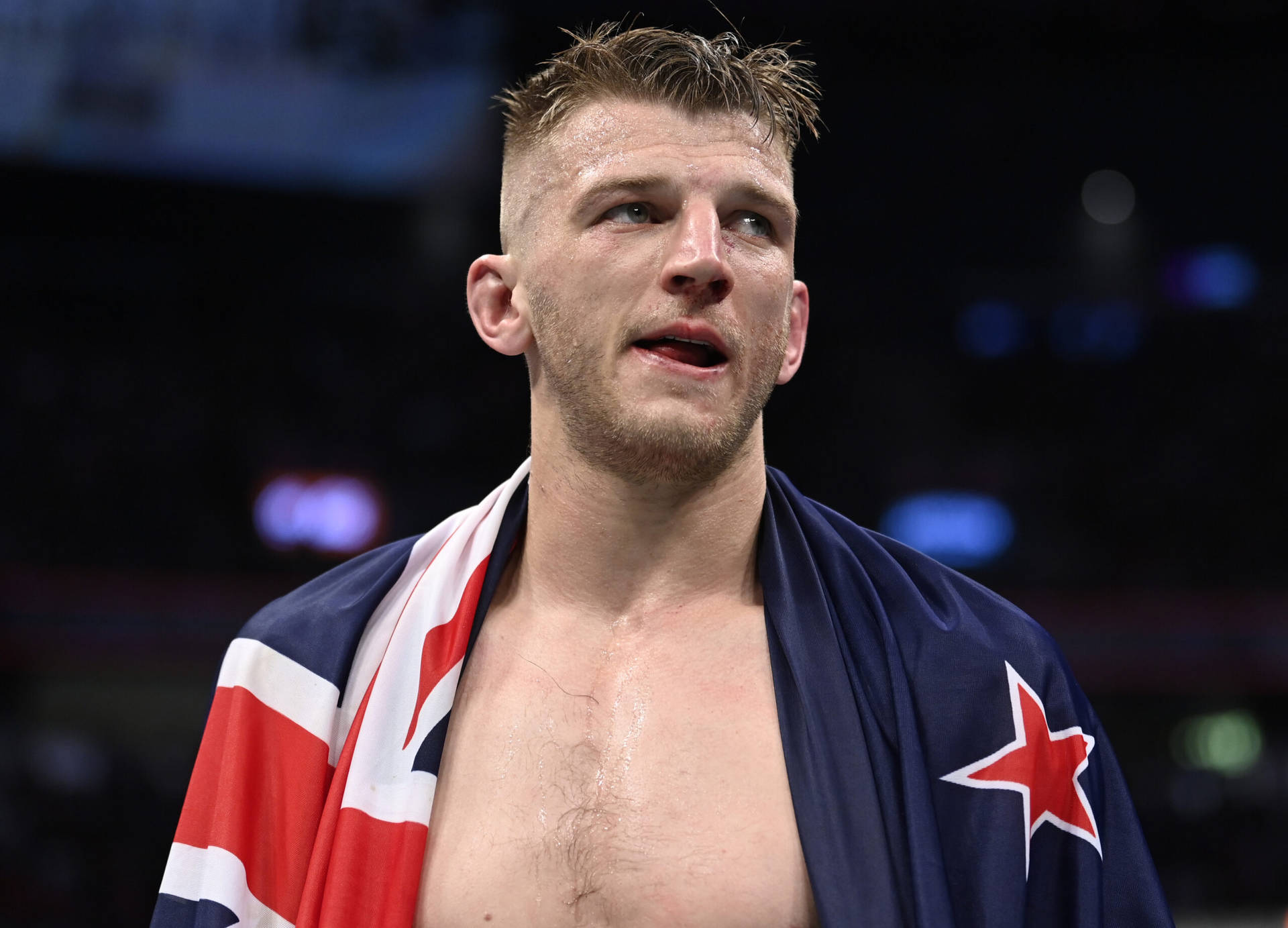 UFC Fighter Dan Hooker Proudly Holding Flag 壁紙 — 一位勝利的男性運動員在燈光明亮的競技場中，披著英國國旗和新西蘭國旗慶祝勝利。