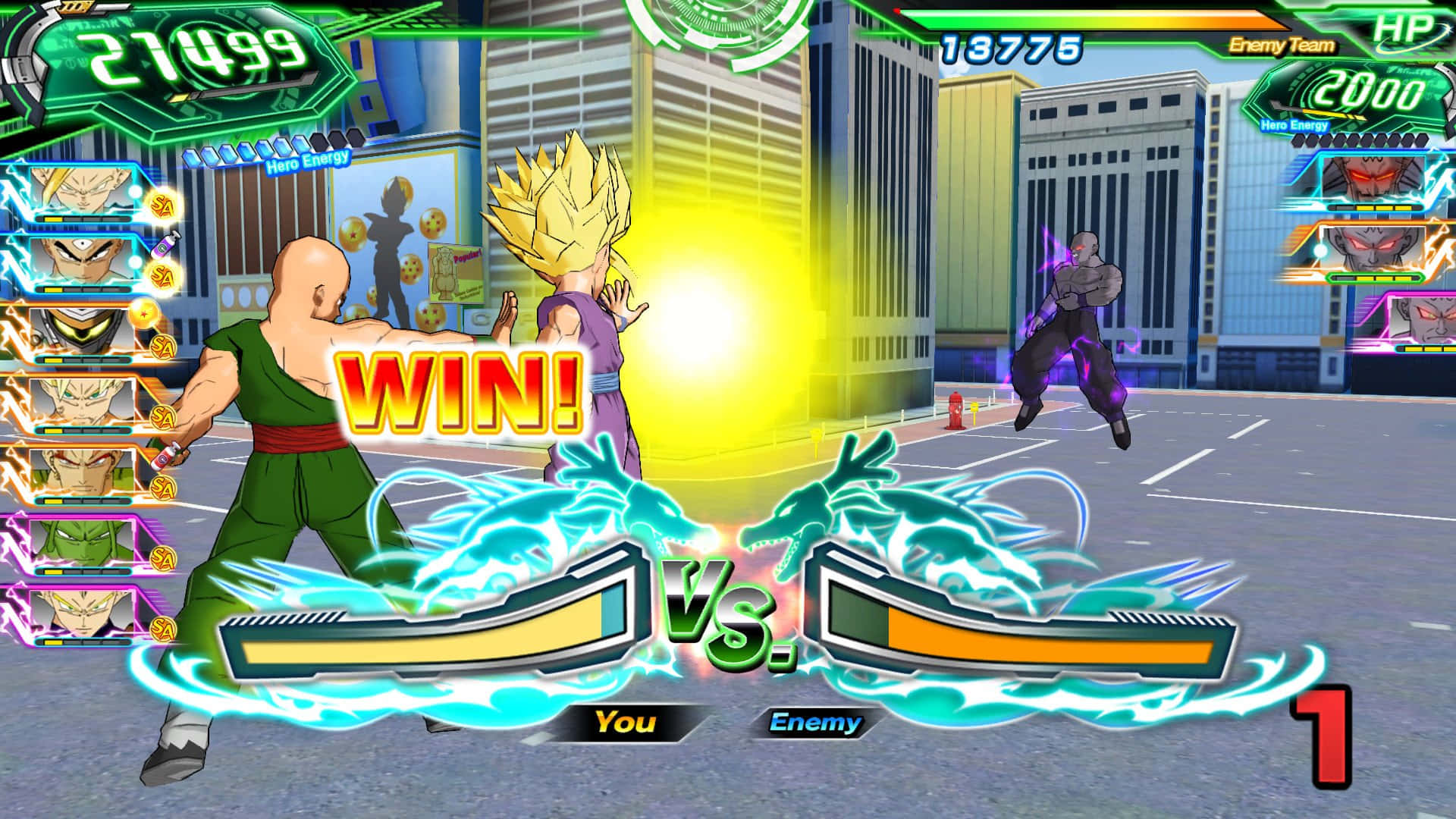 Dragon Ball Super Games 桌布 壁紙 — 一位勝利的龍珠戰士在未來城市街道戰鬥競技場中釋放出發光的能量爆炸。