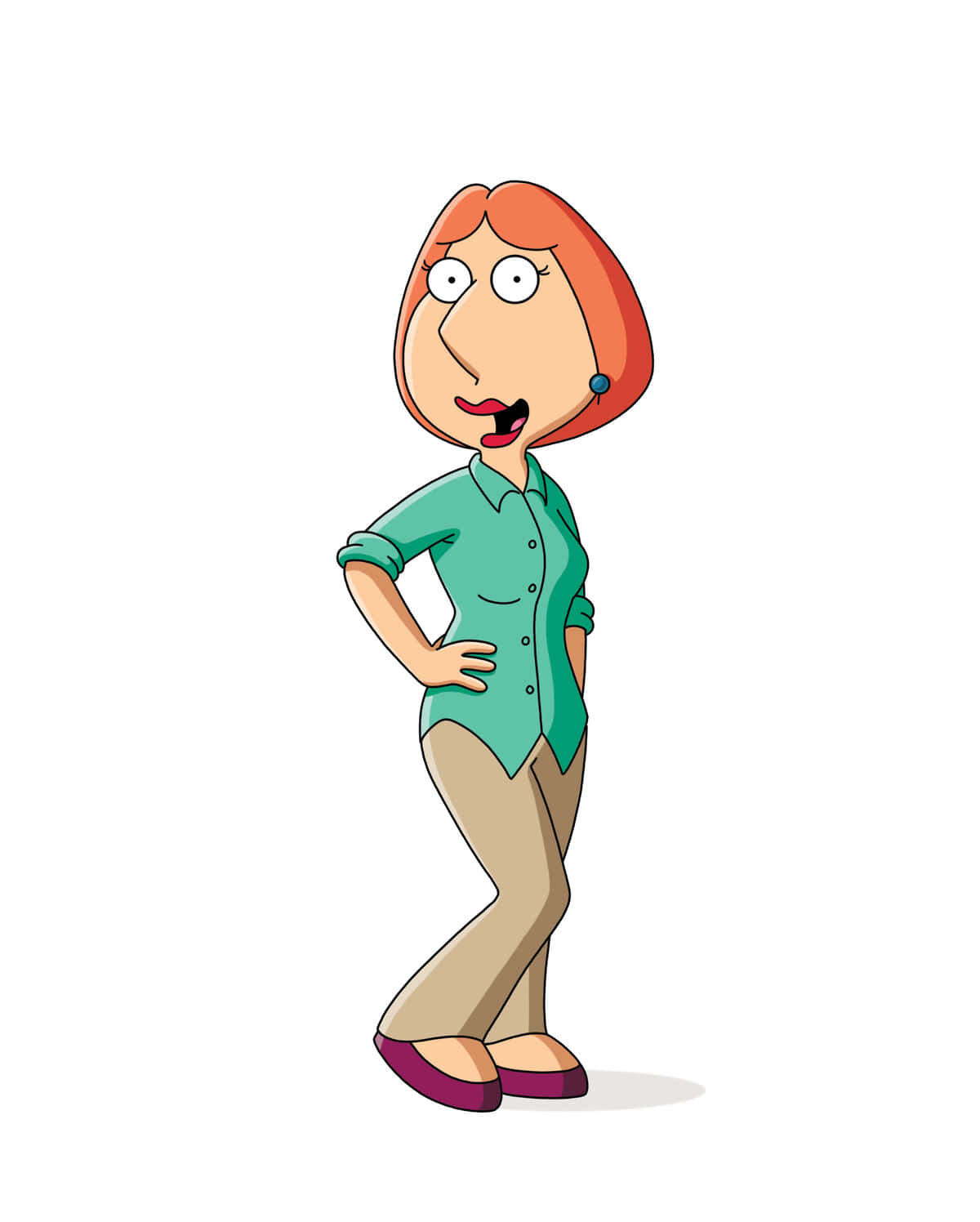 Family Guy 桌布 壁紙 — 一位卡通女性，橙色頭髮，綠色襯衫，自信地站立，一手叉腰，背景為純白色。