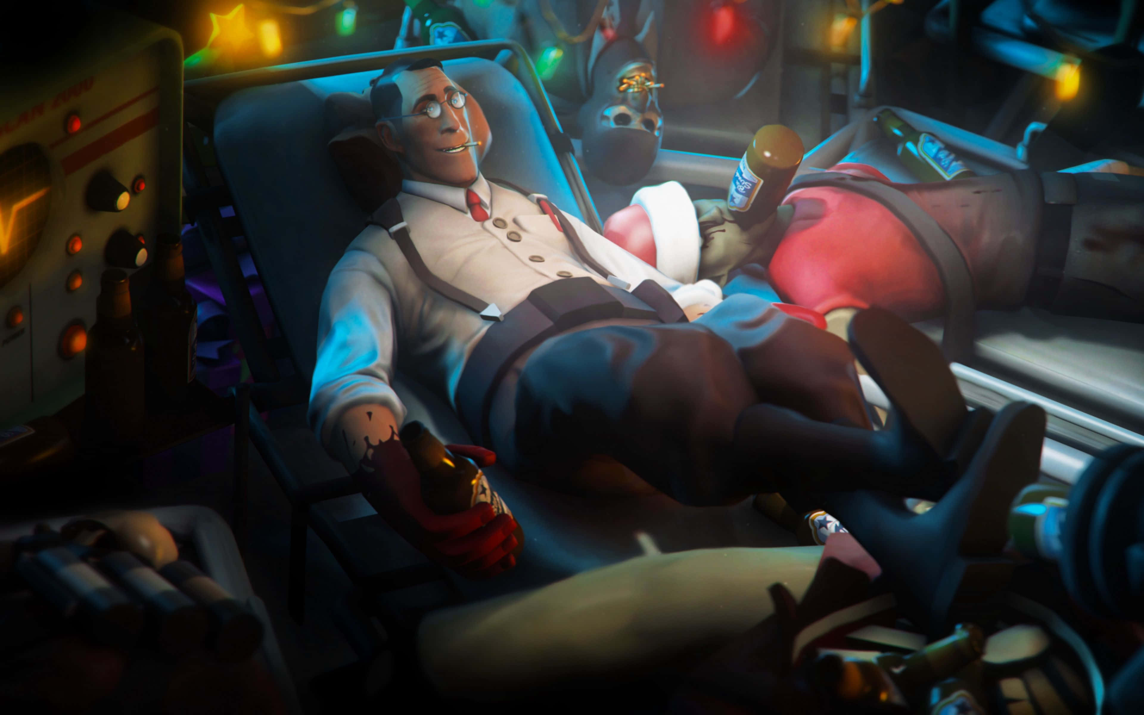 Team Fortress 2 Characters 桌布 壁紙 — 一位卡通科學家穿著實驗室外套，在彩色燈光下被發光設備和啤酒瓶包圍，懶洋洋地坐在椅子上。
