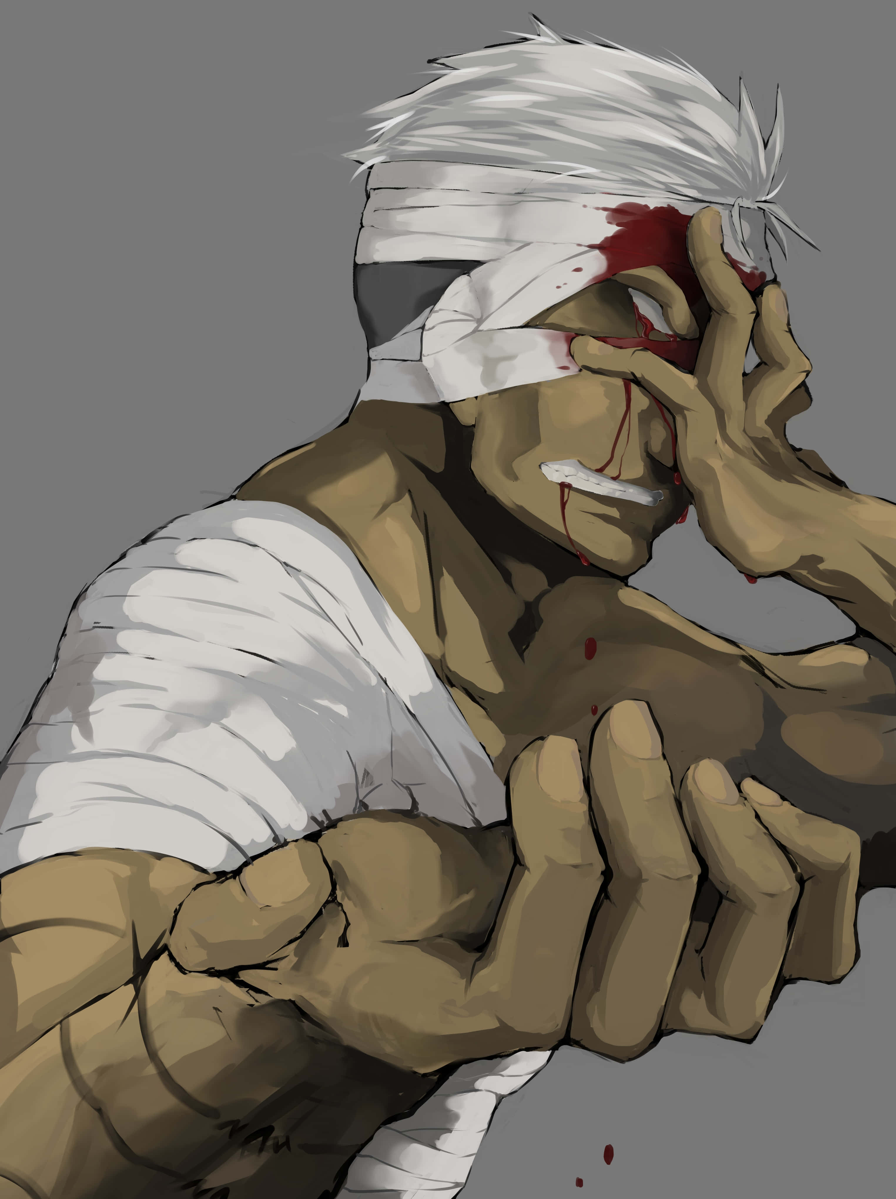 Fullmetal Alchemist Scar 桌布 壁紙 — 一位受傷的白髮繃帶頭動漫戰士，在灰色背景前抓著流血的面孔。