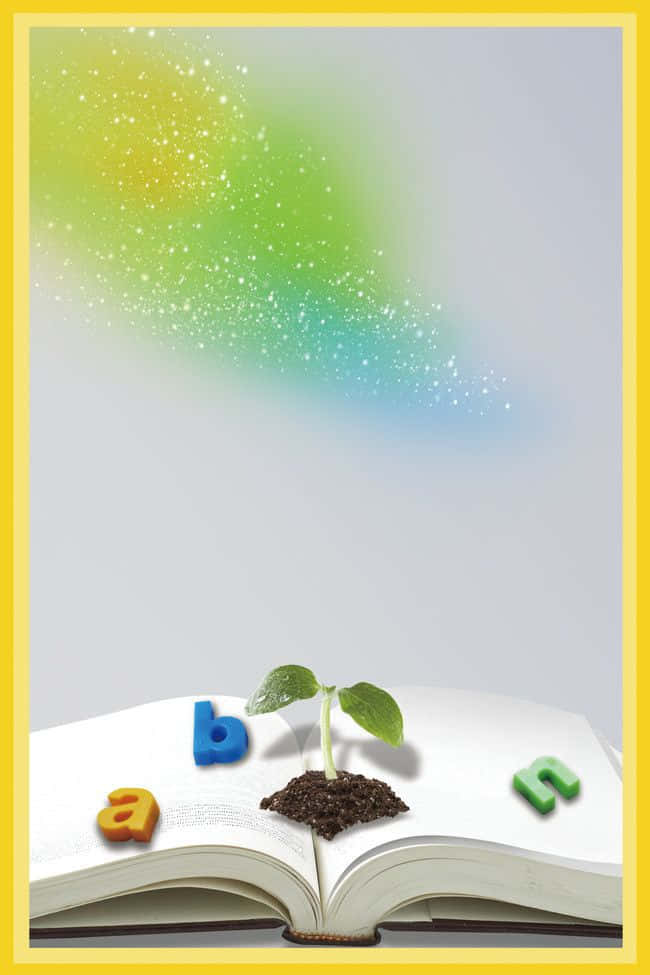 一棵發芽的植物從打開的書本上的泥土中長出，帶有色彩繽紛的磁力字母和彩虹閃爍的背景。