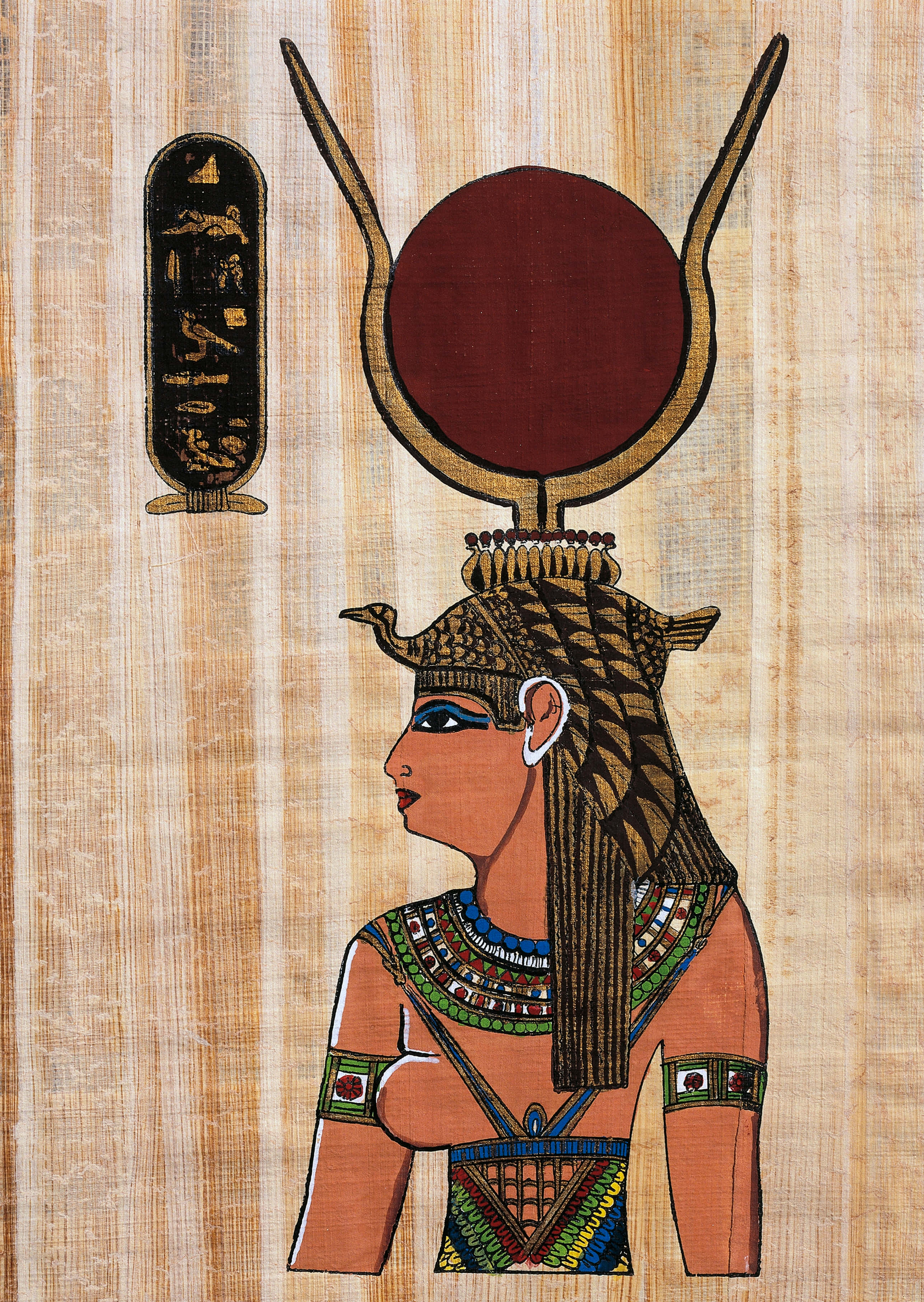 Cleopatra 桌布 壁紙 — 一位古埃及女王側面像，戴著太陽盤冠和華麗珠寶，背景是帶紋理的莎草紙。