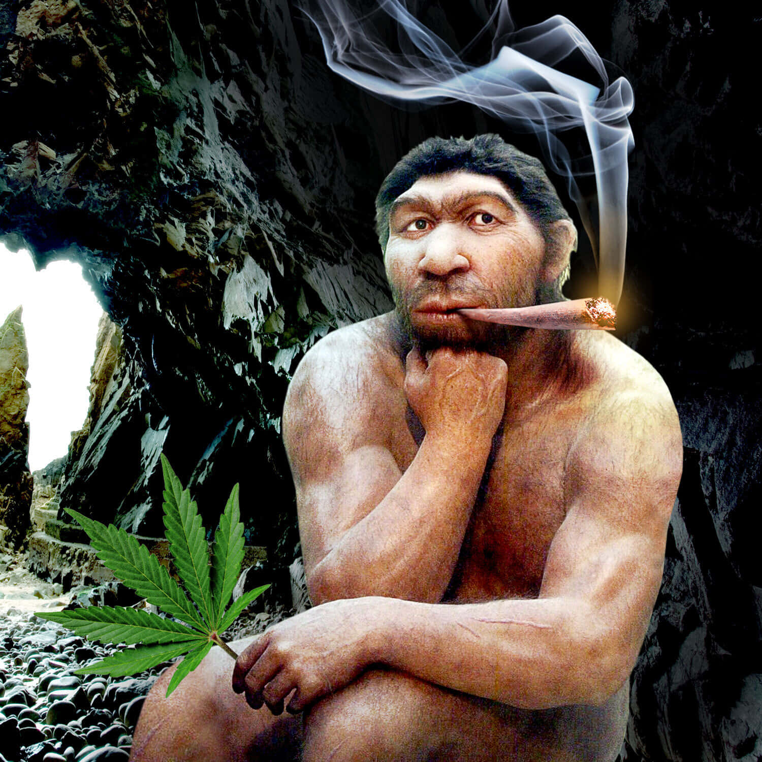 原始人在洞穴中抽雪茄手持大麻葉