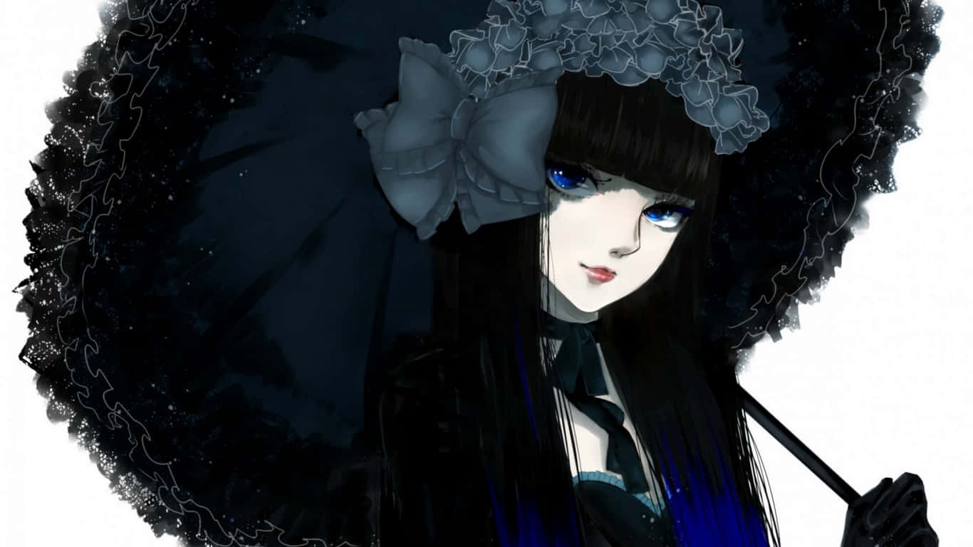 Gothic Fashion 桌布 壁紙 — 一位哥德式動漫女孩，藍色眼睛，手持黑色蕾絲陽傘，在純白背景前溫柔凝視。