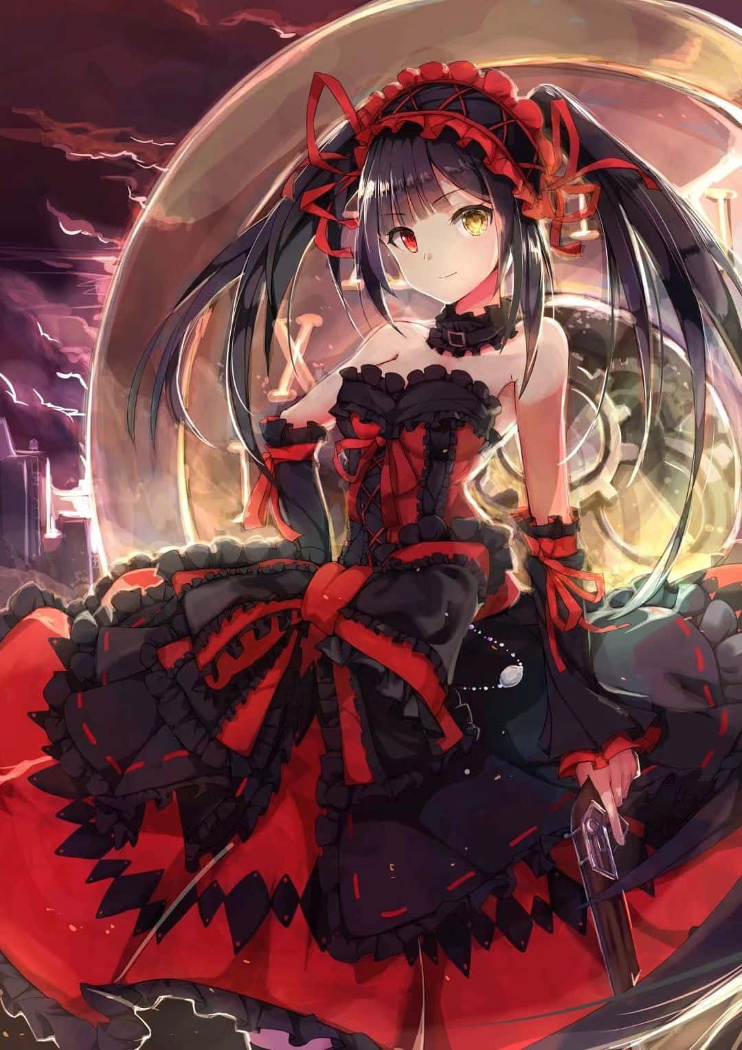 Gothic Costumes 桌布 壁紙 — 一位哥德式動漫女孩穿著紅黑荷葉邊連衣裙，在發光的穹頂內微笑，背景是暴風雨的紫色天空。
