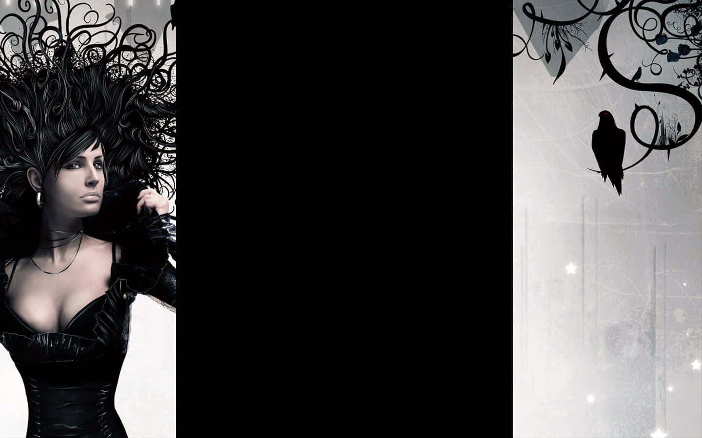Gothic Fashion 桌布 壁紙 — 一位哥德式女子，擁有華麗的黑髮，站在一隻棲息在旋轉藤蔓上的烏鴉旁邊，背景是鮮明的黑白對比。