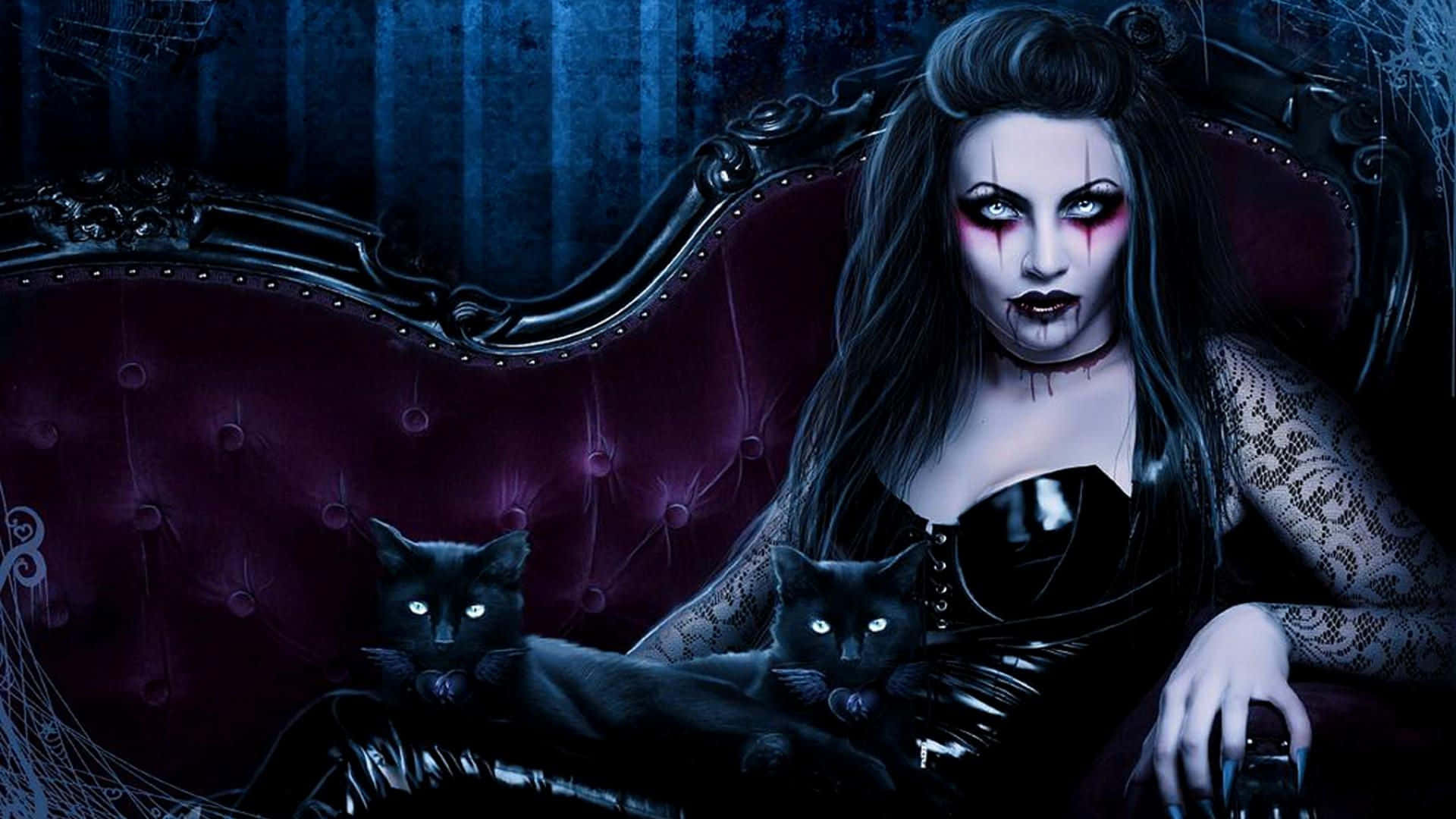 Dark Vampire 桌布 壁紙 — 一位哥德式女性，蒼白肌膚，紅色眼妝，端莊地坐在天鵝絨貴妃椅上，兩旁有兩隻眼睛發光的黑貓。