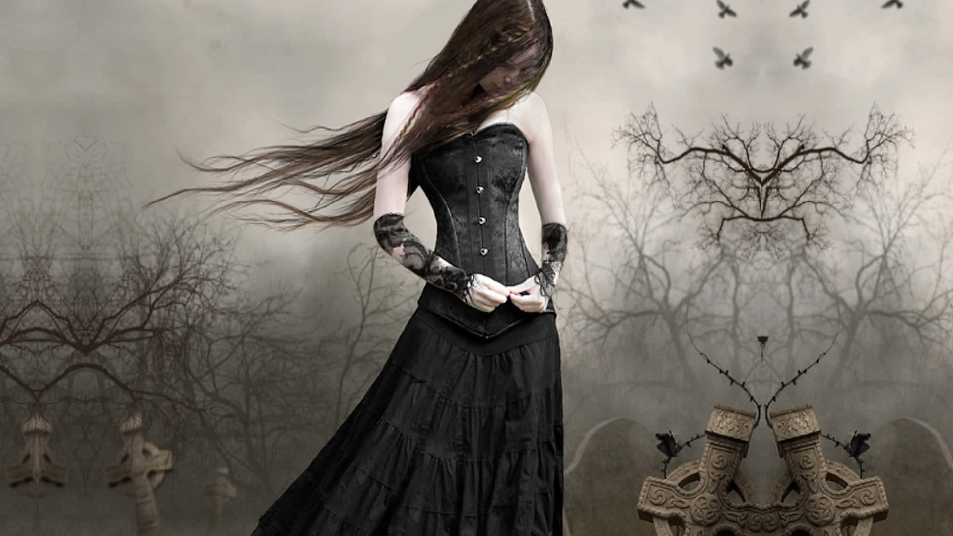 Dark Gothic 桌布 壁紙 — 一位哥德式女性穿著黑色束腰連衣裙，站在霧氣瀰漫、鏡像般的骷髏樹木之間，頭頂有鳥兒飛翔。