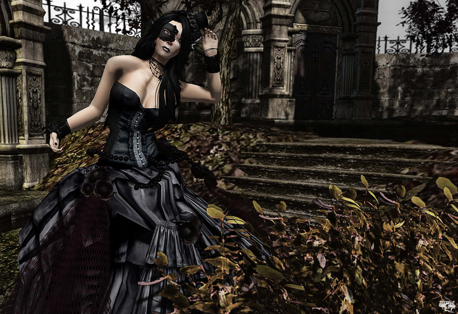 Gothic Fashion 桌布 壁紙 — 一位哥德式女性身穿黑色束腰連衣裙和面具，站在長滿雜草的廢墟中，周圍有石階和華麗的大門。