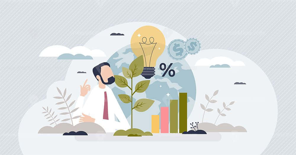 Green Finance 桌布 壁紙 — 一位商人向一株正在生長的植物做手勢，植物上方有燈泡和美元符號，下方有地球儀和條形圖。