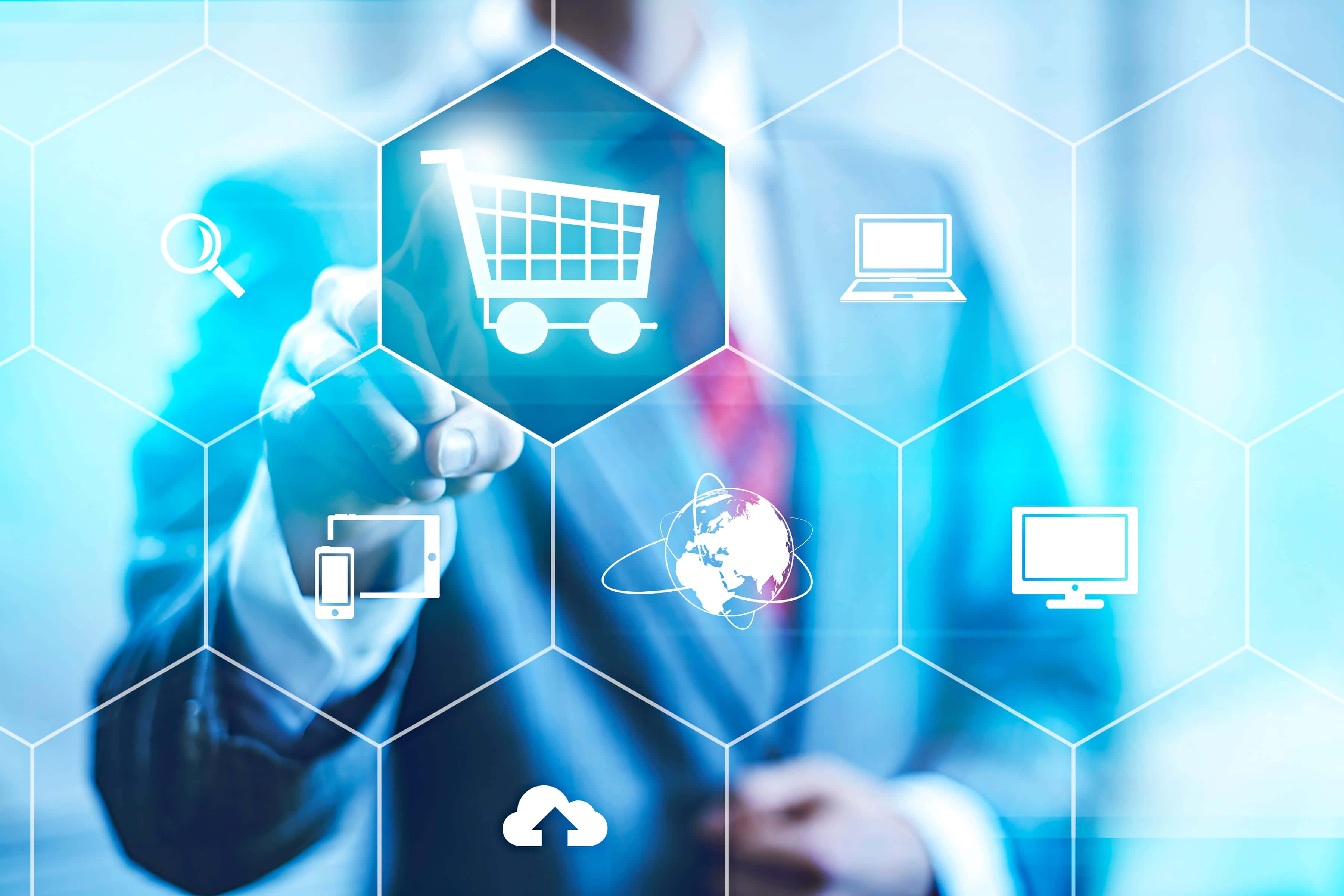 E Commerce 桌布 壁紙 — 一位商人點擊一個發光的六邊形購物車圖標，該圖標位於一個被科技符號包圍的數字界面上。