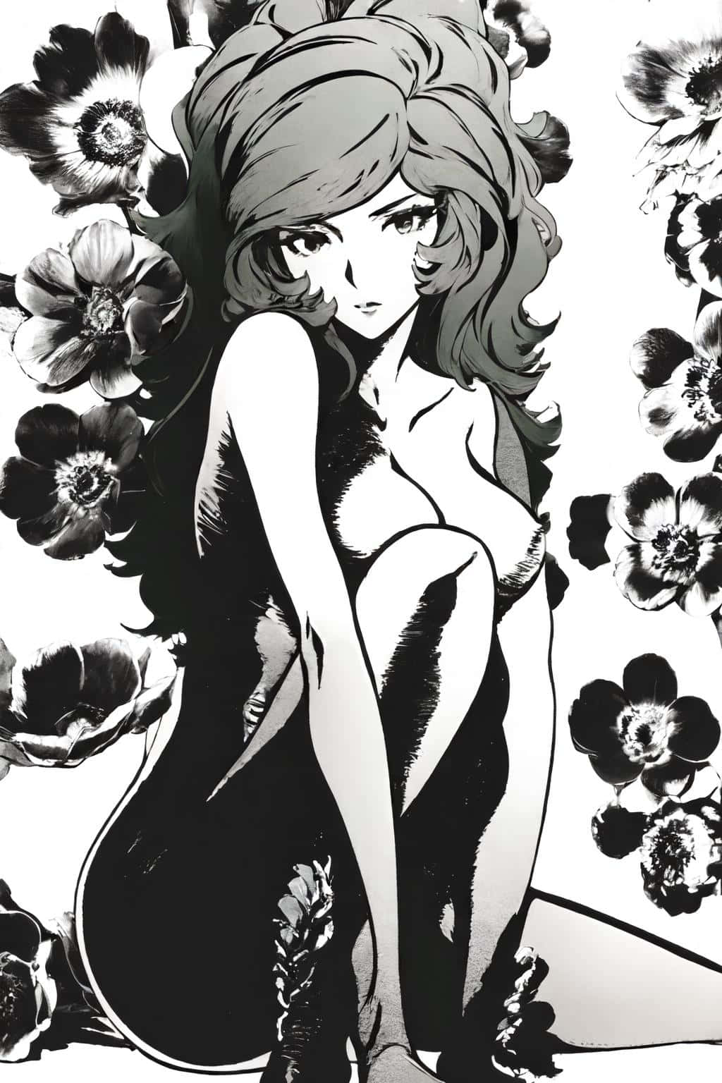 Mine Fujiko 桌布 壁紙 — 一位單色動漫少女，長髮飄逸，優雅地坐在大型風格化花朵之間，呈現高對比度的黑白插圖。