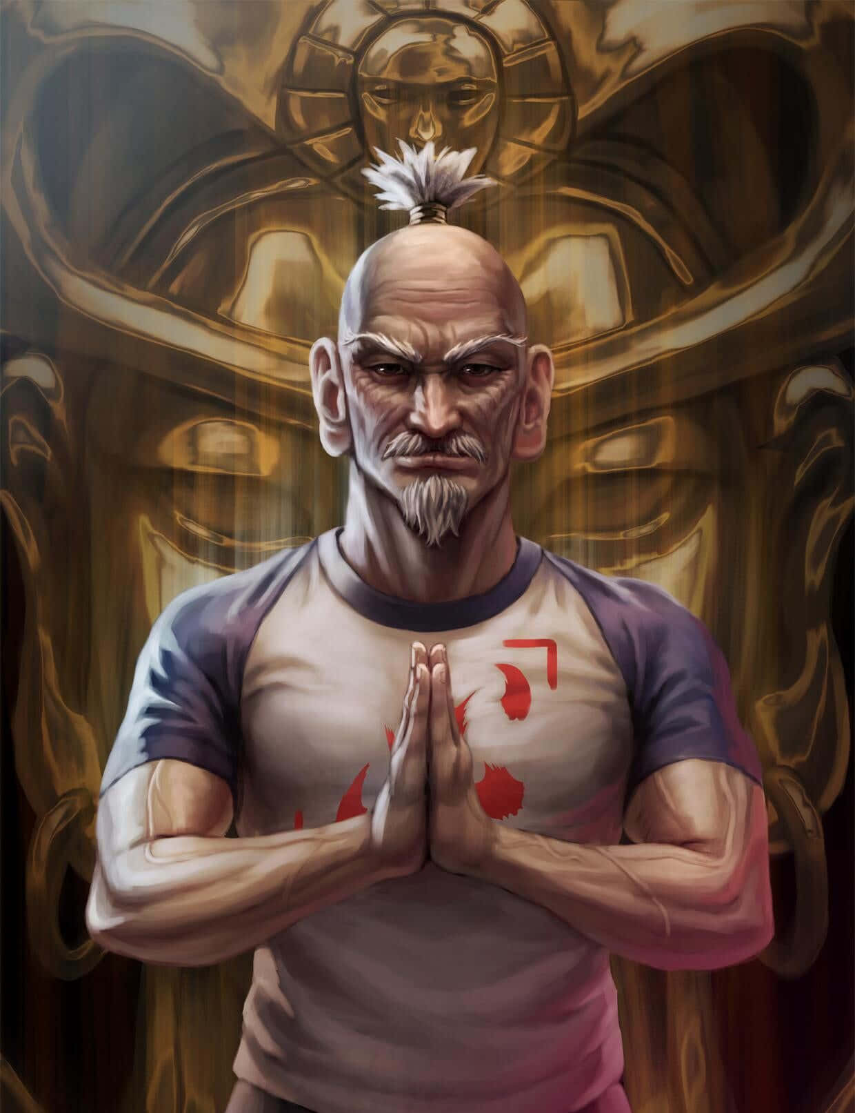 Isaac Netero 桌布 壁紙 — 一位嚴肅的光頭戰士，留著白色山羊鬍，胸前有紅色標記，在一個金色華麗面具前祈禱。