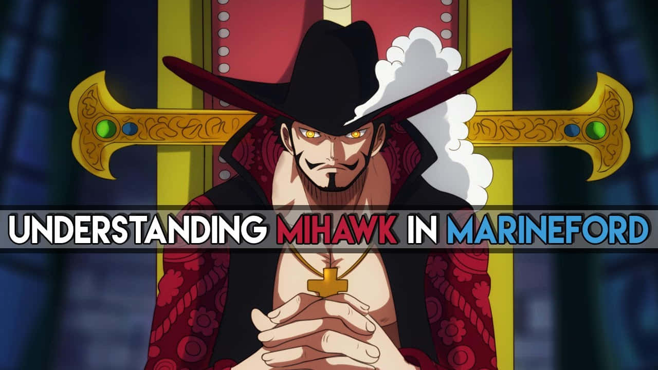 Marineford Aftermath 桌布 壁紙 — 一位嚴肅的動漫劍士，有著發光的黃色眼睛和黑色帽子，坐在交叉的華麗劍前，擺出戲劇性的姿勢。