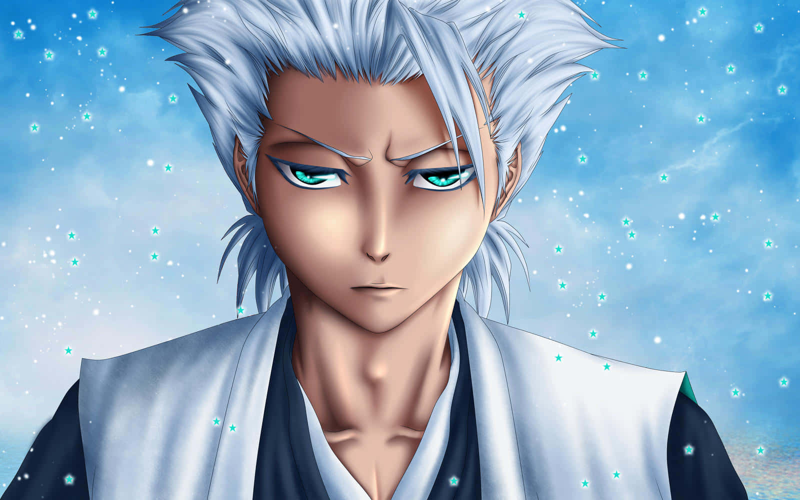 Toshiro Hitsugaya 桌布 壁紙 — 一位嚴肅的動漫戰士，擁有尖刺銀髮和發光的藍綠色眼睛，凝視著繁星點點的藍色天空。