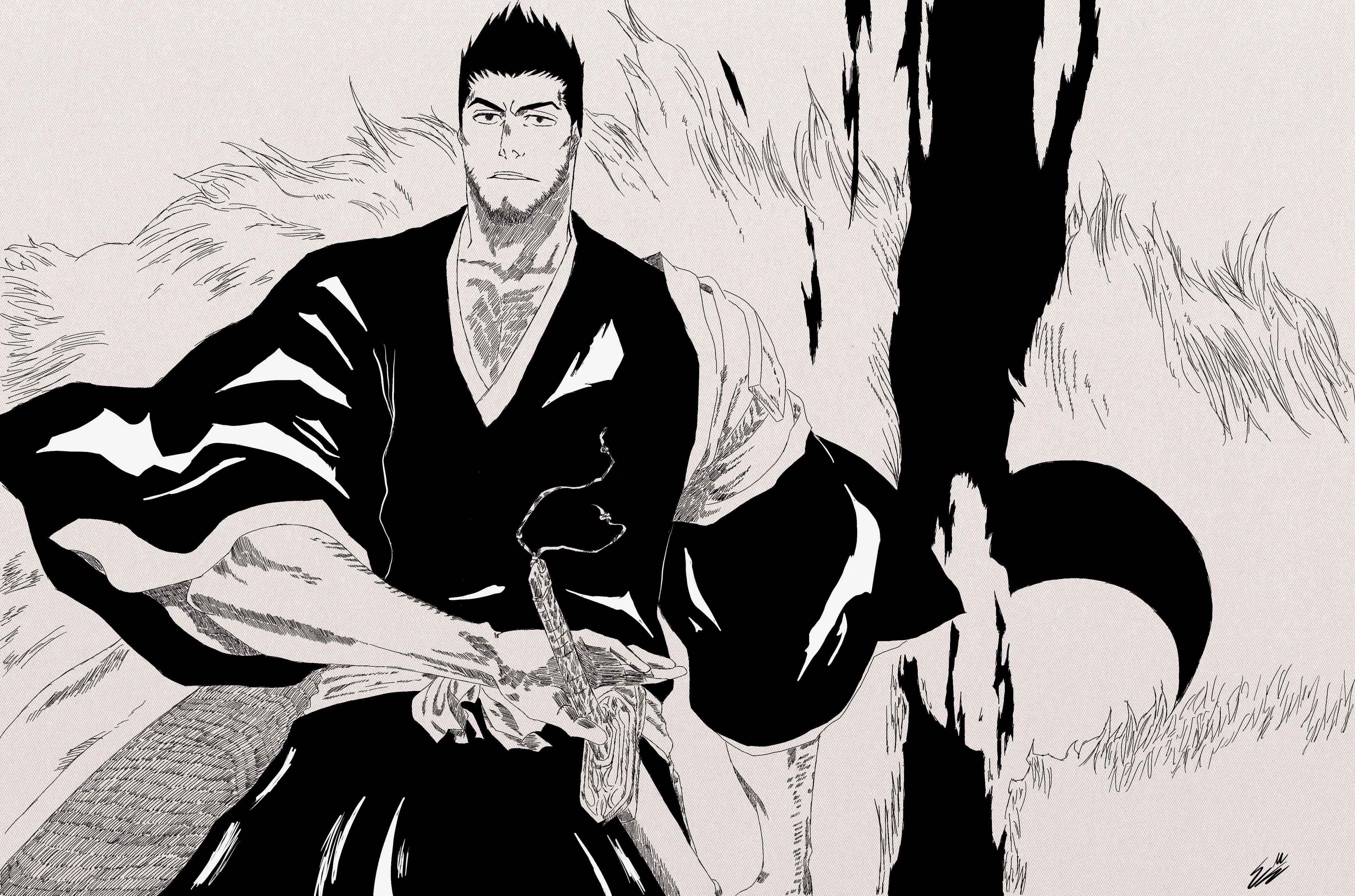 Isshin Kurosaki 桌布 壁紙 — 一位嚴肅的動漫戰士穿著傳統長袍，在旋轉的黑白能量中緊握著劍。