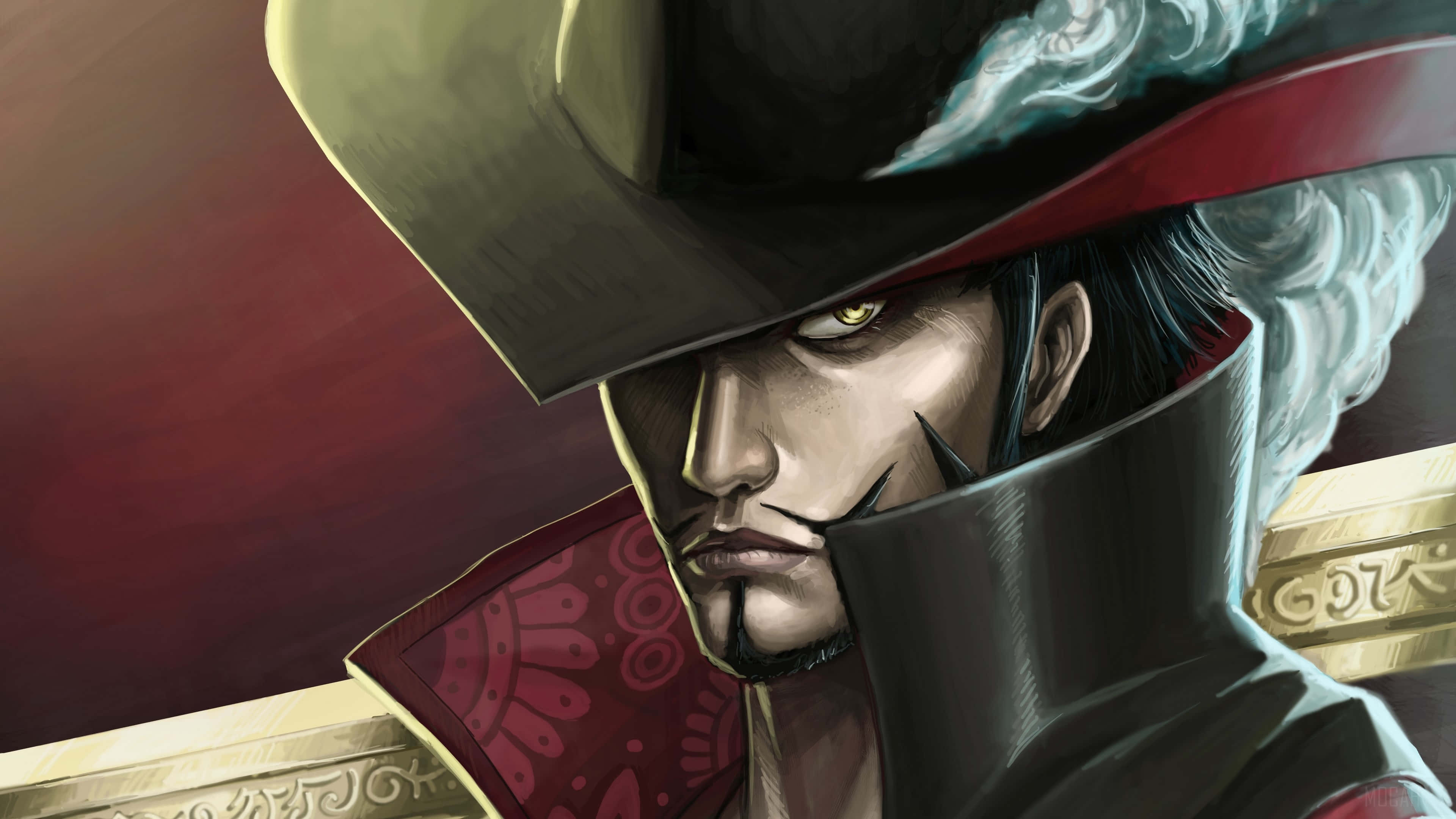 Dracule Mihawk 桌布 壁紙 — 一位嚴肅的動漫海盜，戴著寬邊帽，目光銳利，在深紅色背景下強烈凝視。