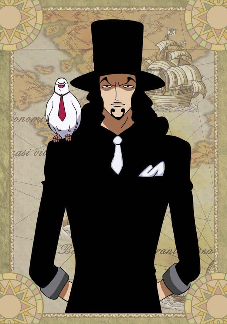 Rob Lucci 桌布 壁紙 — 一位嚴肅的動畫海盜，身穿黑色西裝和高帽，站在復古地圖前，肩上棲息著一隻白鳥。