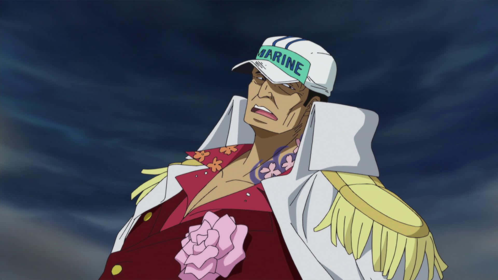 Marine Admiral 桌布 壁紙 — 一位嚴肅的動畫海軍軍官，戴著白色帽子，穿著紅色外套，胸前別著一朵粉紅色的花，站在黑暗暴風雨的天空下。