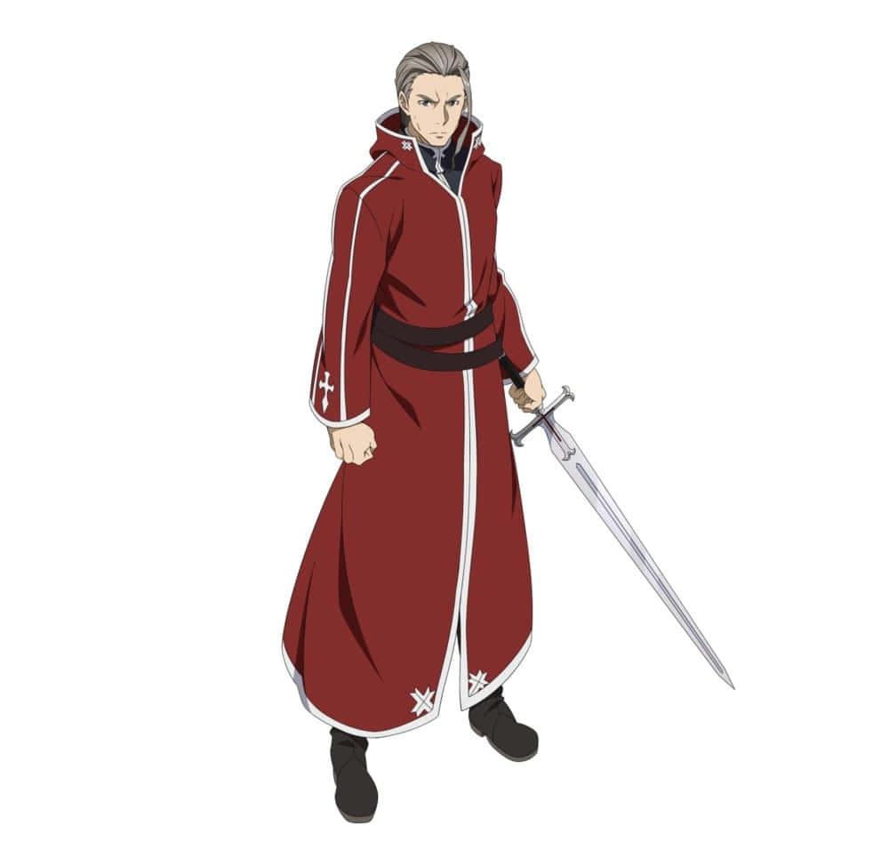 Sword Art Online Heathcliff 桌布 壁紙 — 一位嚴肅的動畫騎士，身穿帶白色滾邊的紅色長袍，在純白色背景上手持銀劍。