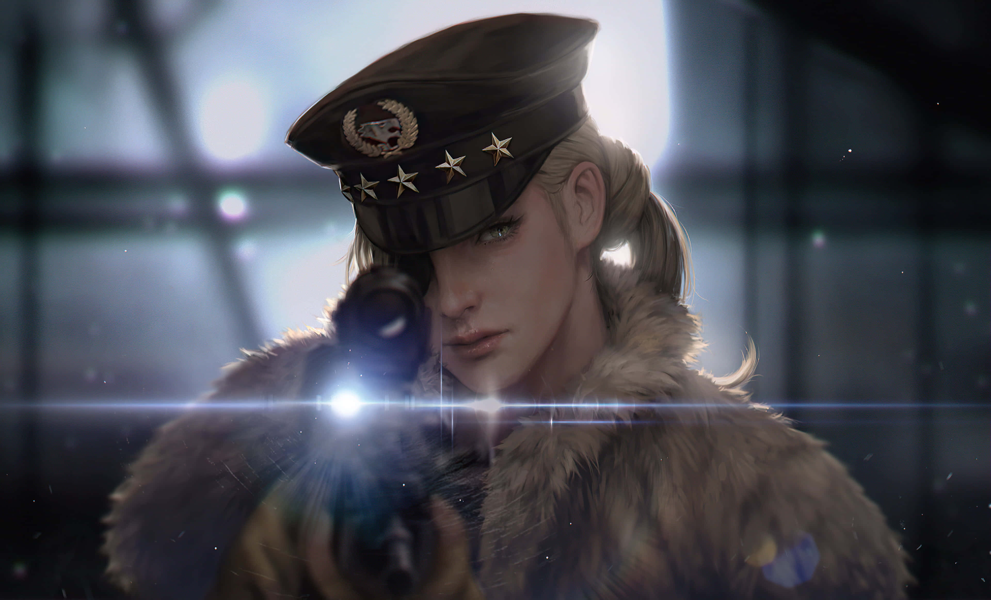 Strategy Games 桌布 壁紙 — 一位嚴肅的女兵，身穿毛皮襯裡大衣和飾有星星的帽子，在模糊的工業背景下，專注地瞄準一把發光的步槍。