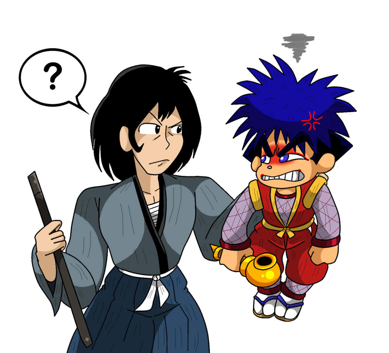 Goemon Ishikawa Xiii 桌布 壁紙 — 一位嚴肅的女子穿著傳統長袍，抱著一個有著尖刺藍色頭髮和金色燈籠的男孩，他看起來既生氣又困惑。
