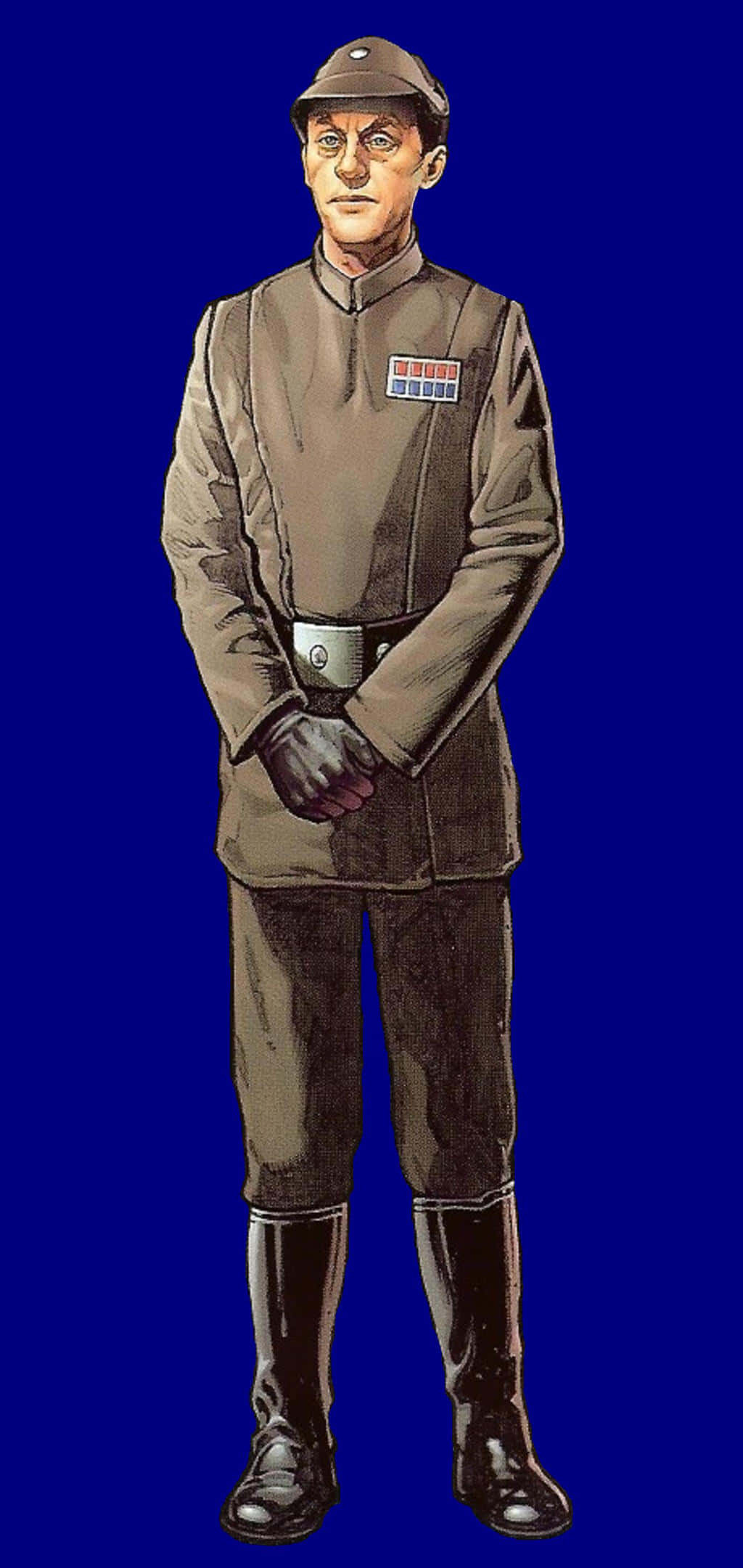 Admiral Piett 桌布 壁紙 — 一位嚴肅的帝國軍官身穿棕色制服，僵硬地站在純藍色背景前。