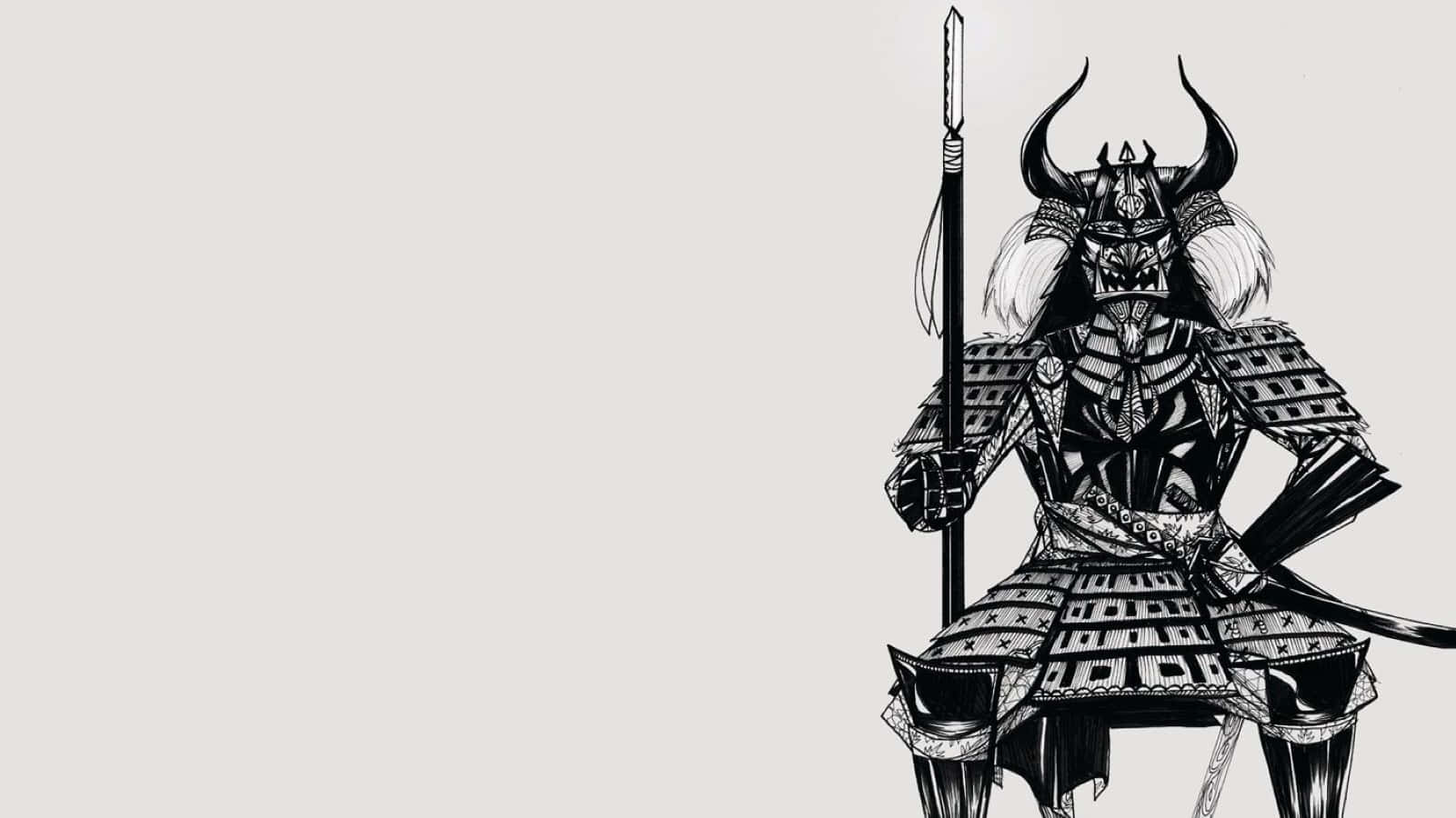 Black And White Samurai 桌布 壁紙 — 一位嚴肅的武士穿著全副黑白盔甲，手持長矛，背景是純淺灰色。