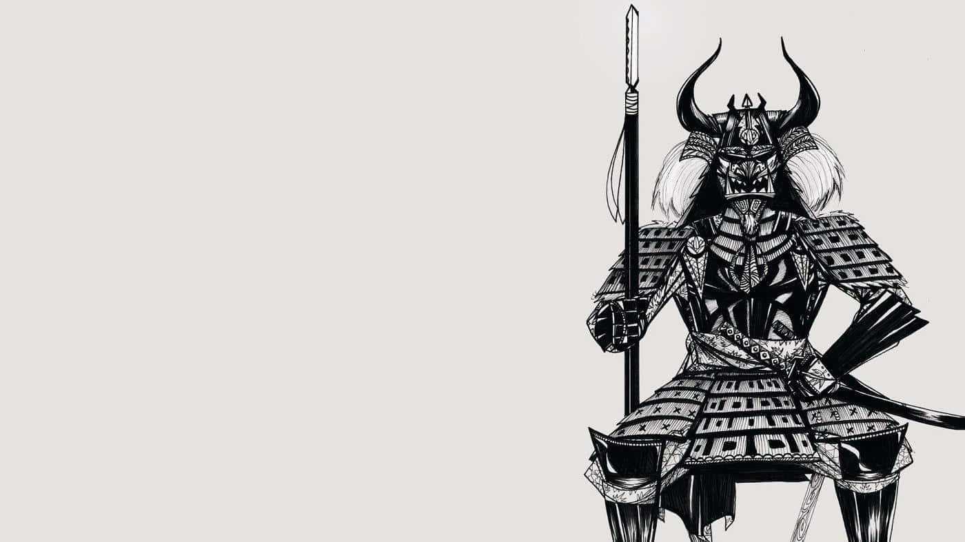 武士 桌布 壁紙 — 一位嚴肅的武士穿著精細的黑白盔甲，手持長矛，背景是純淺灰色。