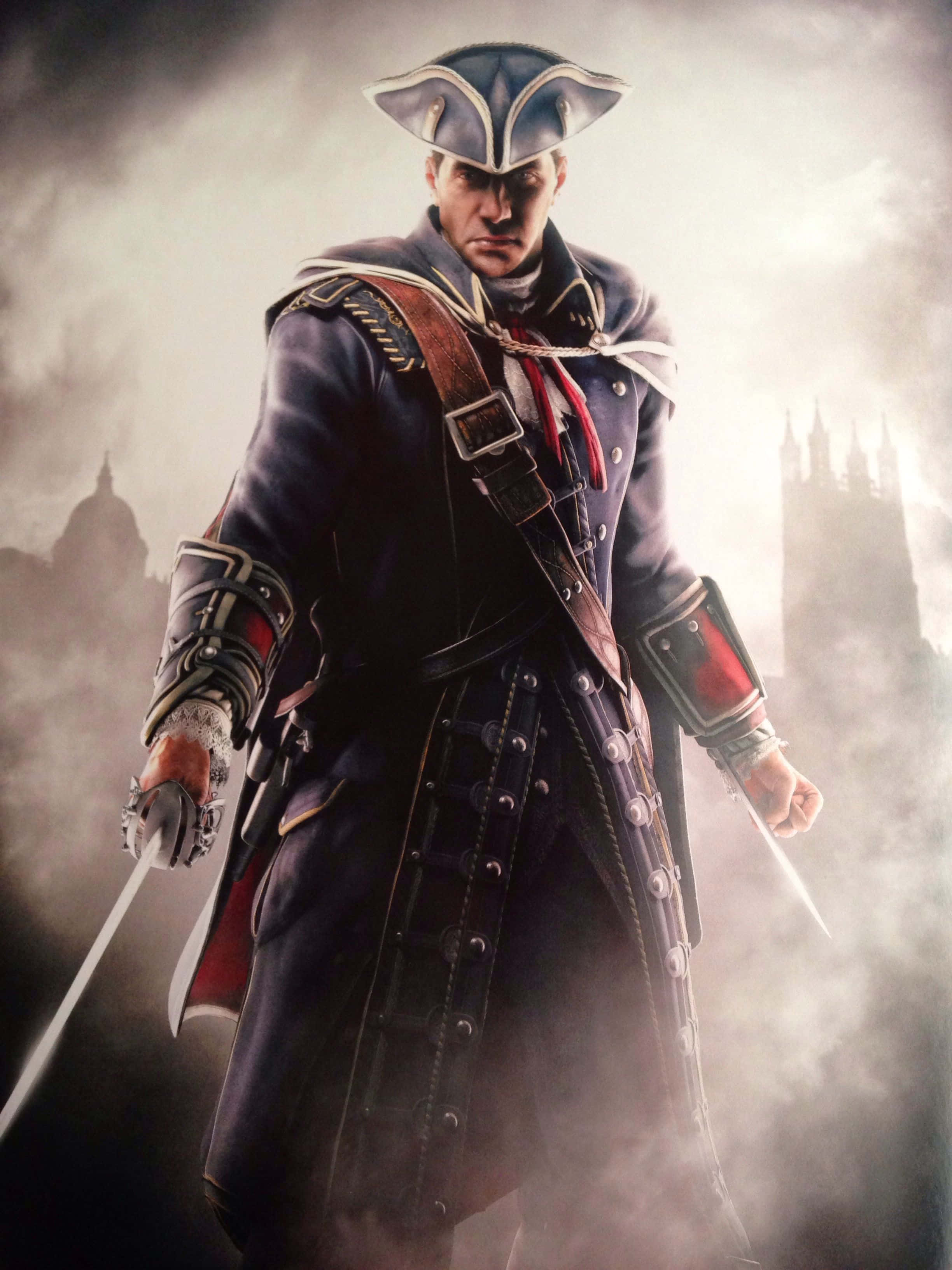 Haytham Kenway 桌布 壁紙 — 一位嚴肅的殖民士兵身穿深色外套和三角帽，站在迷霧廢墟中，手持劍，背景是城市天際線。